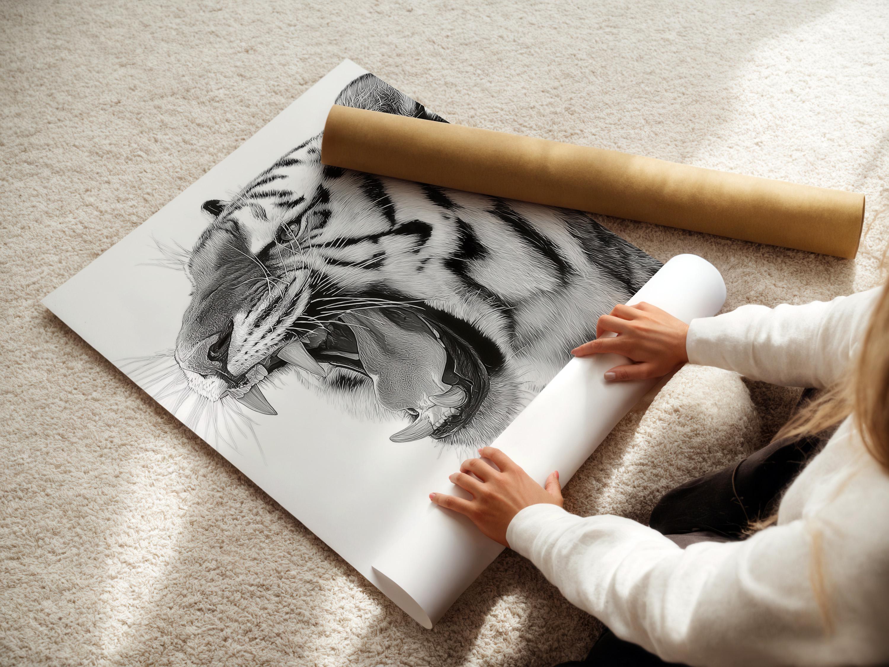 Room mockup showing a framed black and white tiger portrait artwork