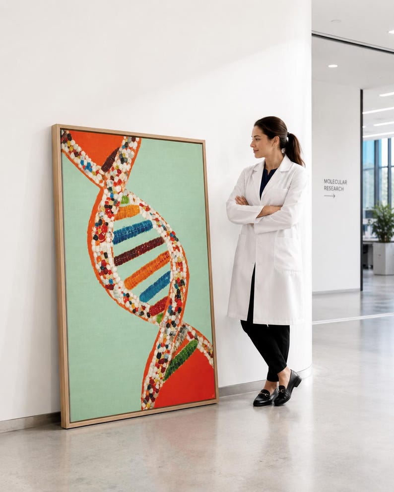 DNA double helix diagram in bead-like shapes with mint green, coral and bright blue colours