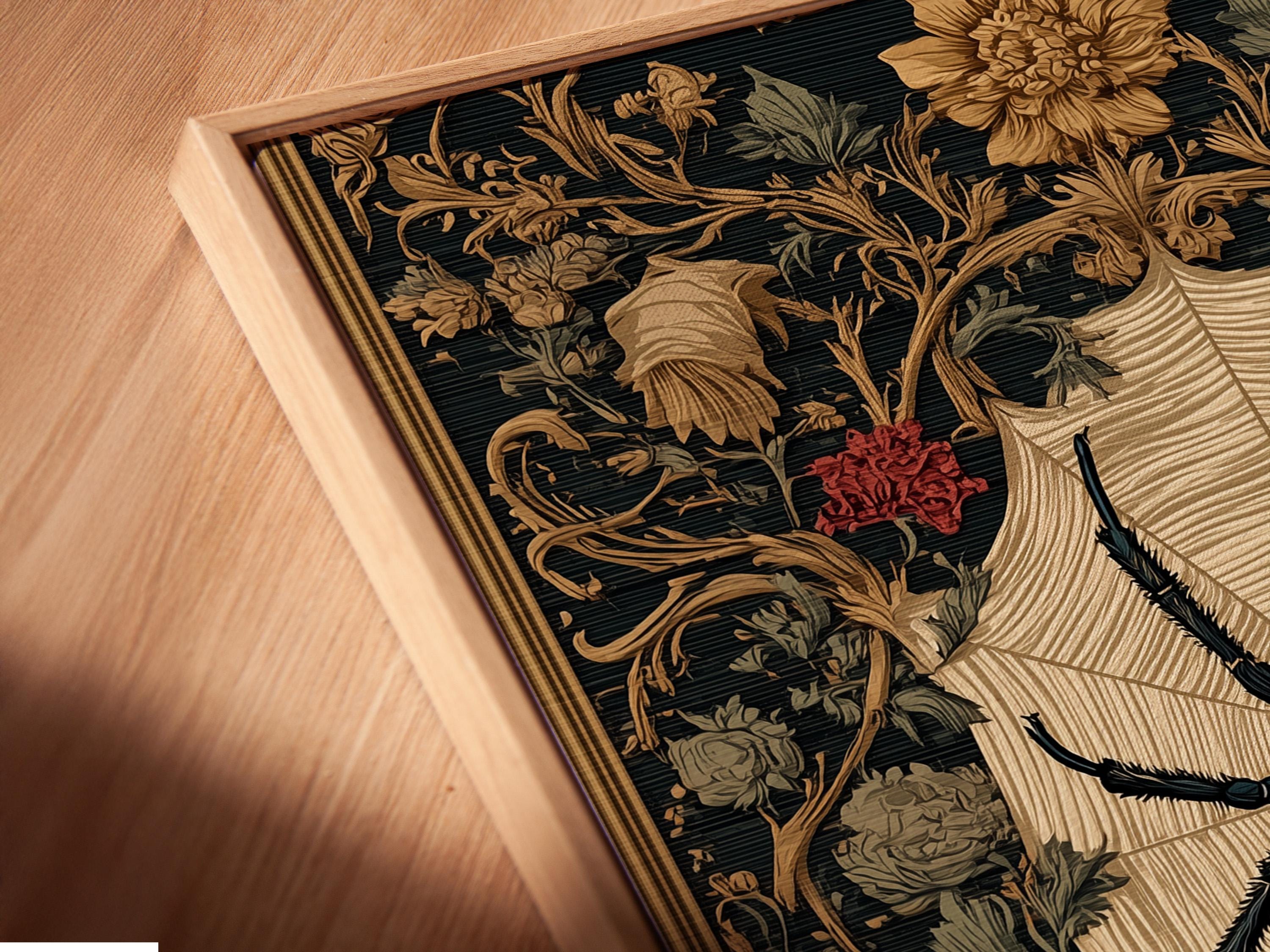 Gothic artwork with a central black spider, cream starburst, and roses detail view
