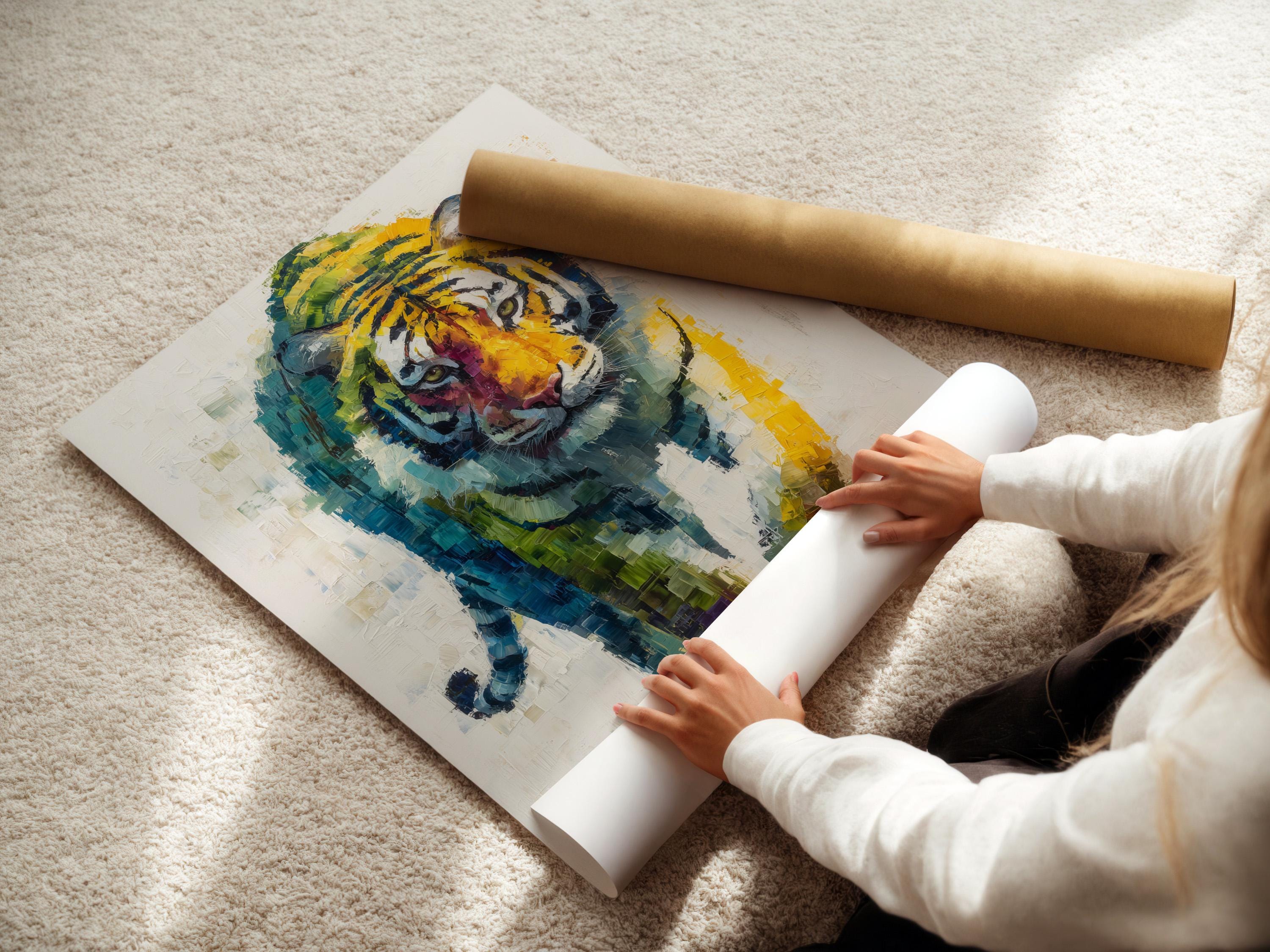 A painterly tiger portrait with layered blue, green and yellow mosaic-like brush strokes detail view