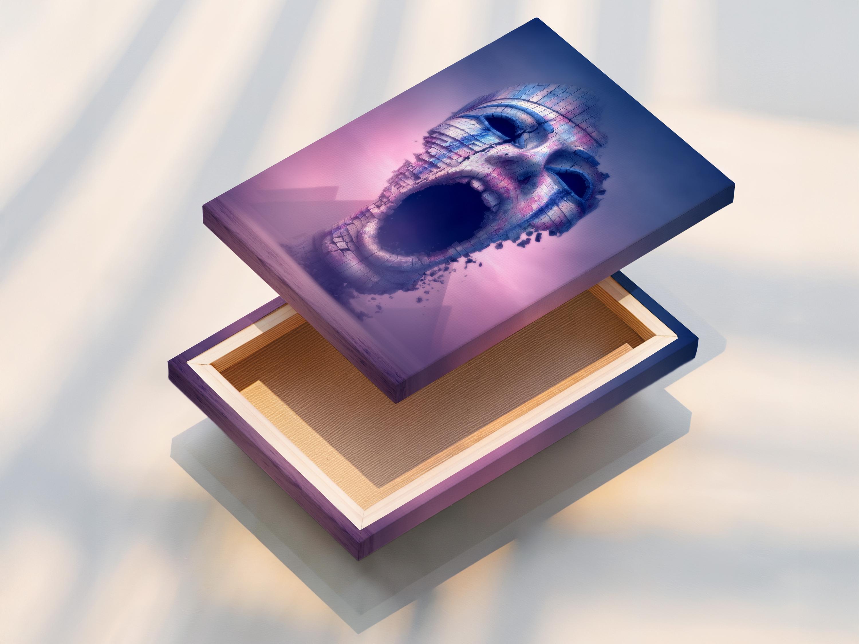 Portrait artwork of a surreal textured face in blue and pink-violet tones displayed in a mockup