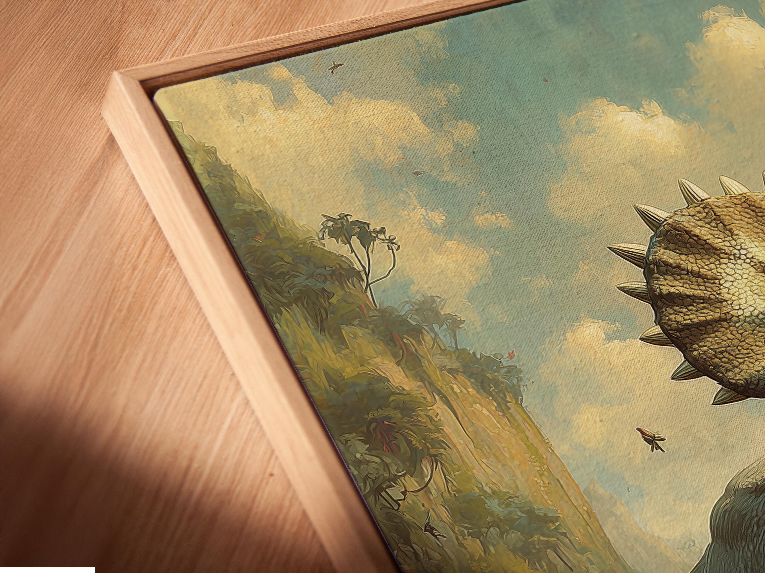 Triceratops standing in a prehistoric jungle with muted green foliage and a pale sky detail view