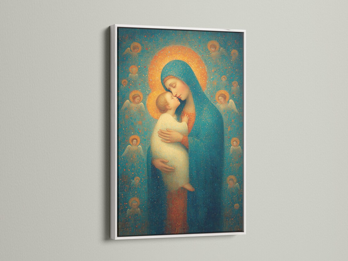 Religious painting of a haloed woman holding a haloed child against a teal and gold speckled background detail view