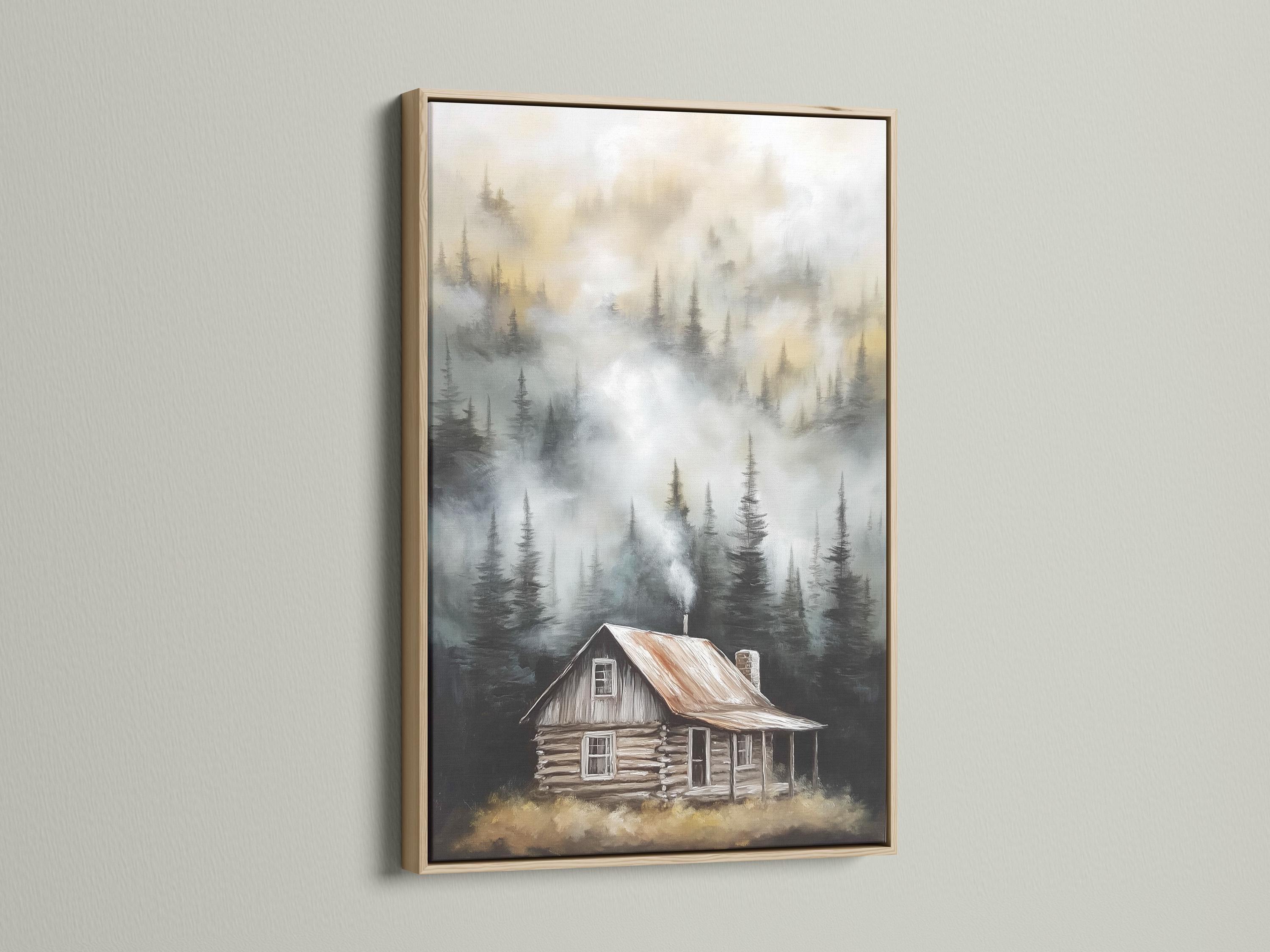 Misty forest with tall pine trees and a rustic cabin in the foreground detail view
