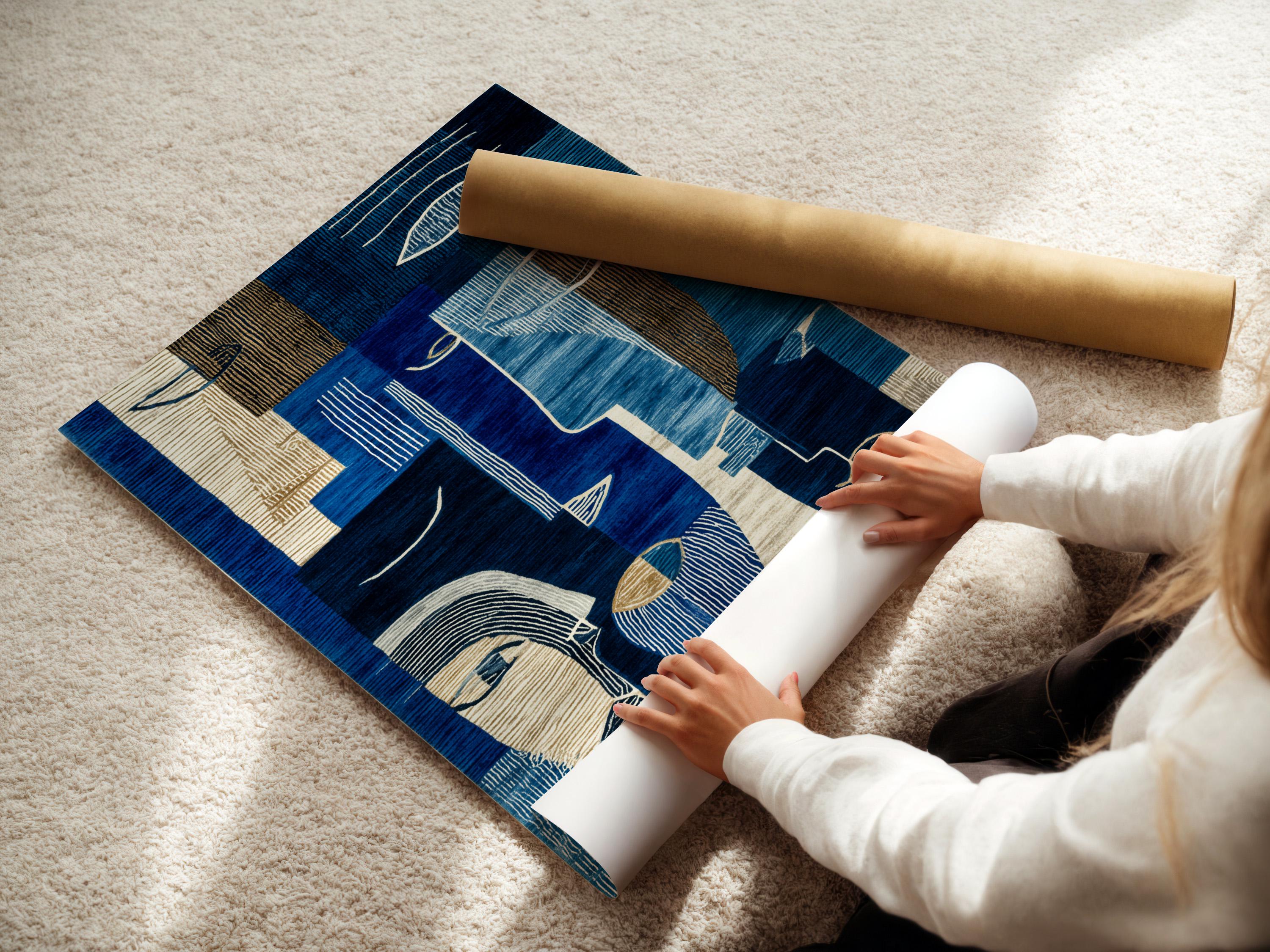 Indigo abstract faces artwork with navy, cream and gold geometric line patterns detail view