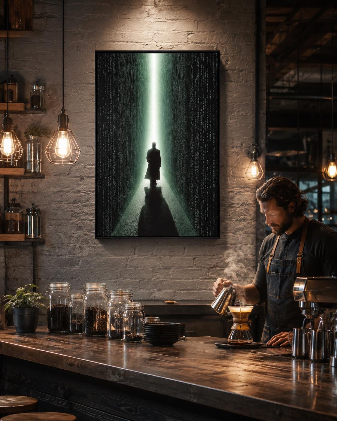 Room scene showing neon green cyberpunk corridor artwork with code-like characters