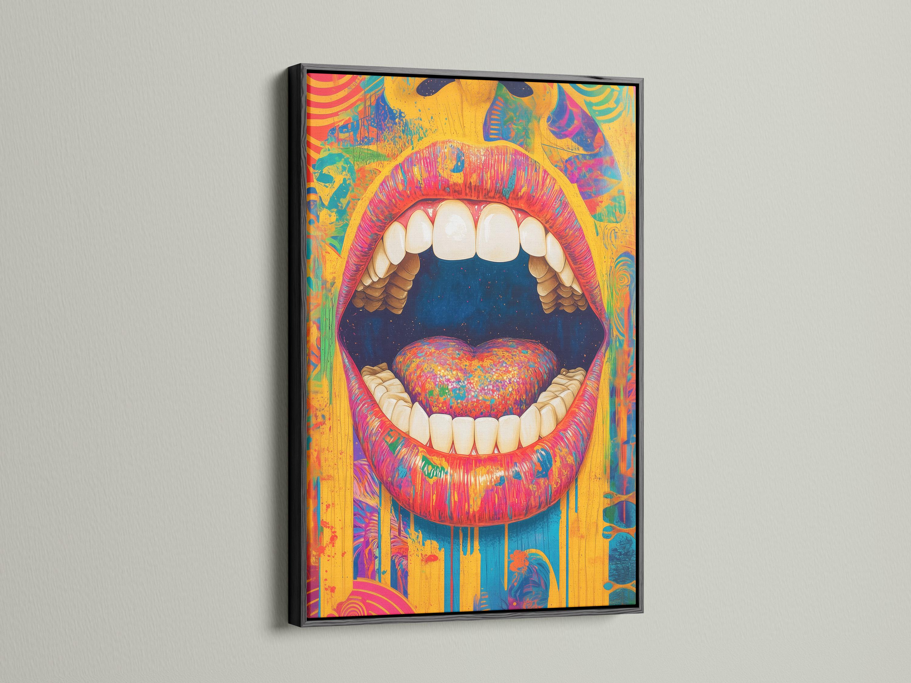 Surreal pop-art mouth with detailed teeth and a bright heart centre in vibrant colour blocks detail view