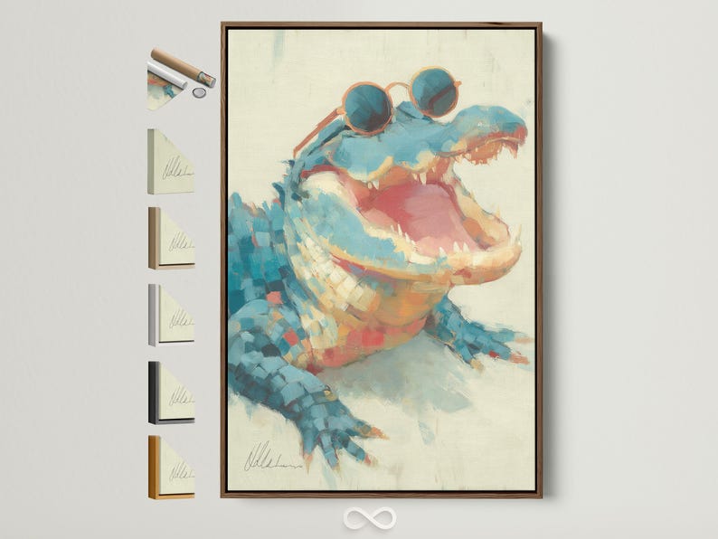 Stylised alligator wearing large blue sunglasses in teal and coral tones