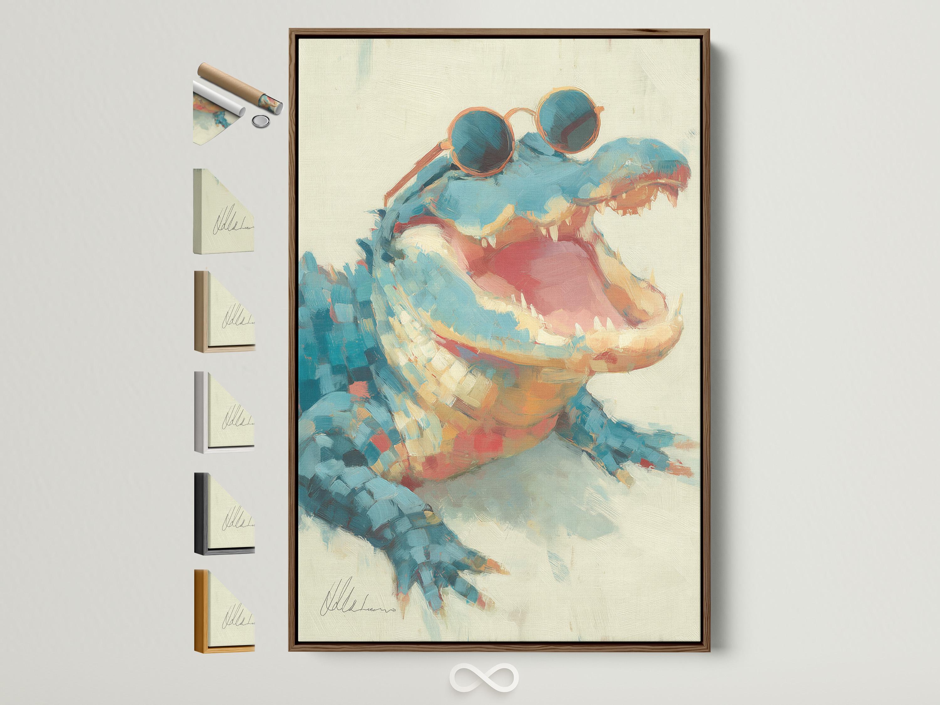 Stylised alligator wearing large blue sunglasses in teal and coral tones