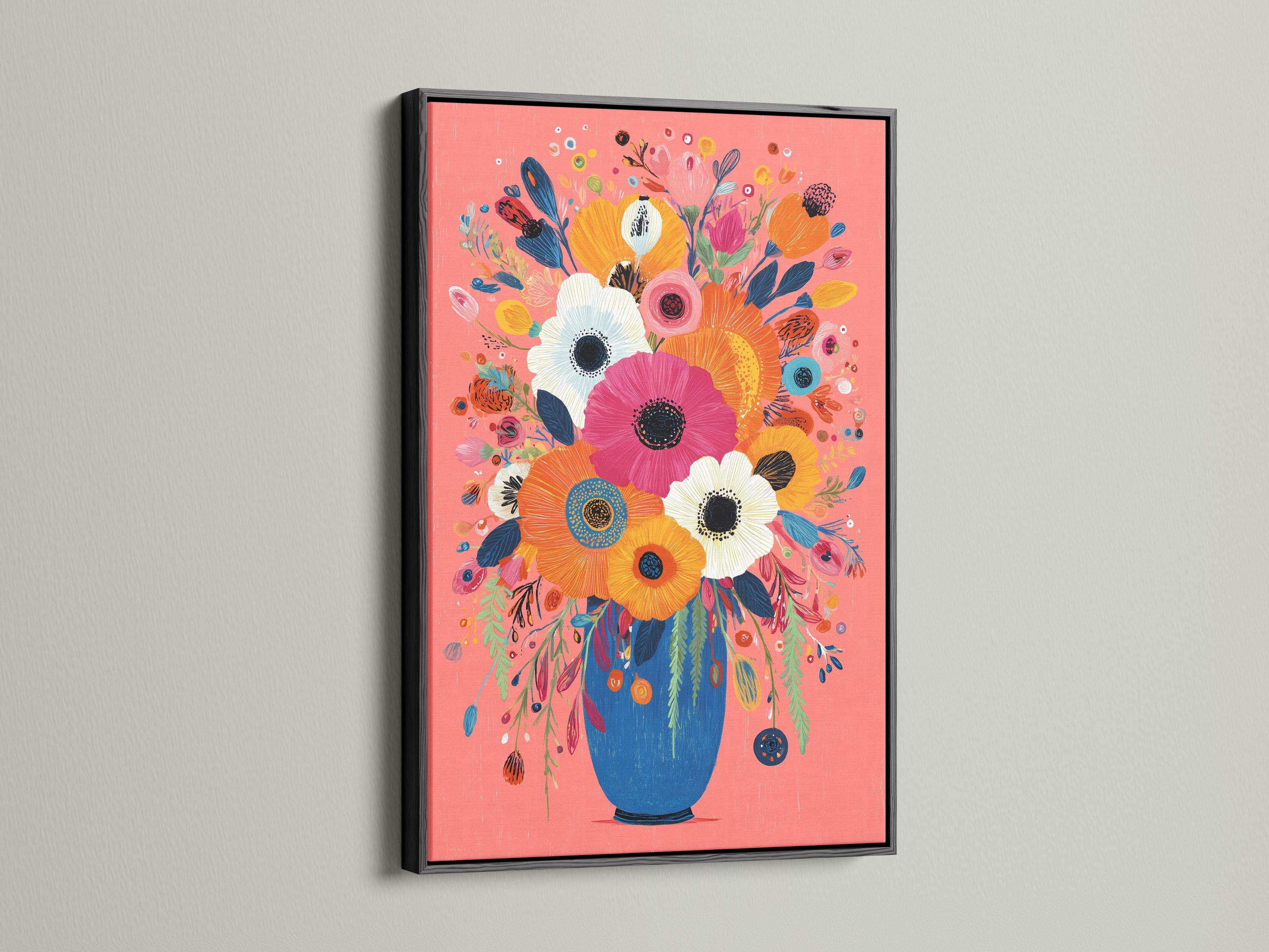 Stylised floral bouquet with large pink flowers in a blue vase on a coral background detail view