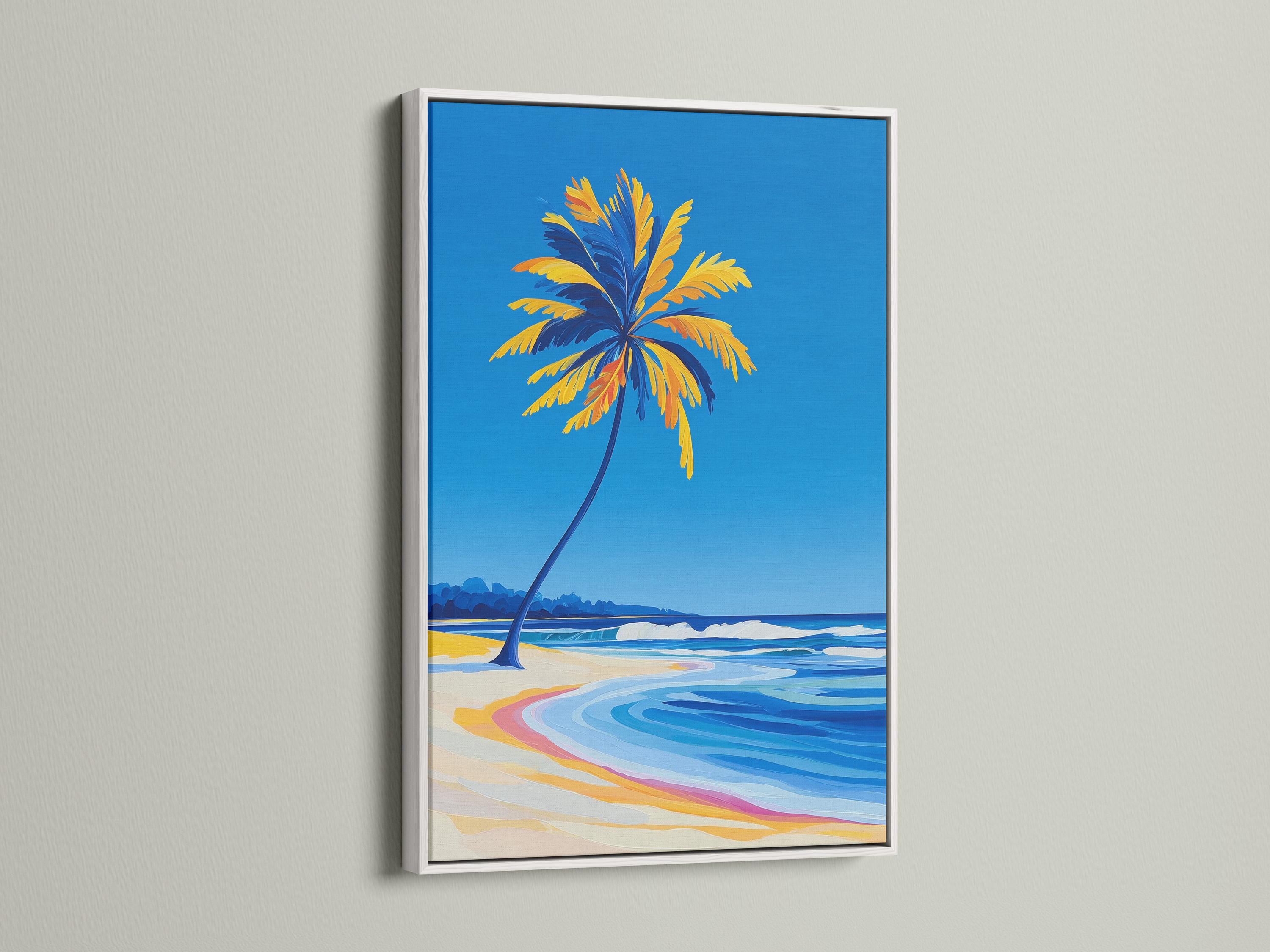 Room mockup showing a framed tropical beach seascape with palm tree, ocean waves and sandy shore