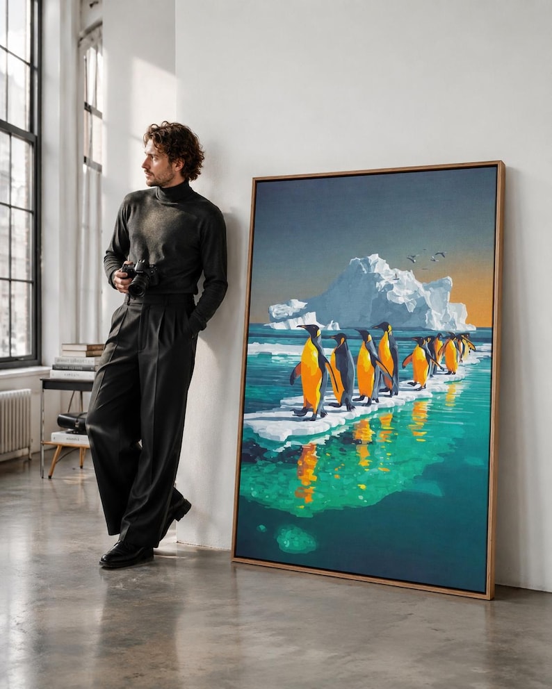 Stylised emperor penguins standing on ice beside a blue ocean with iceberg shapes and teal reflections