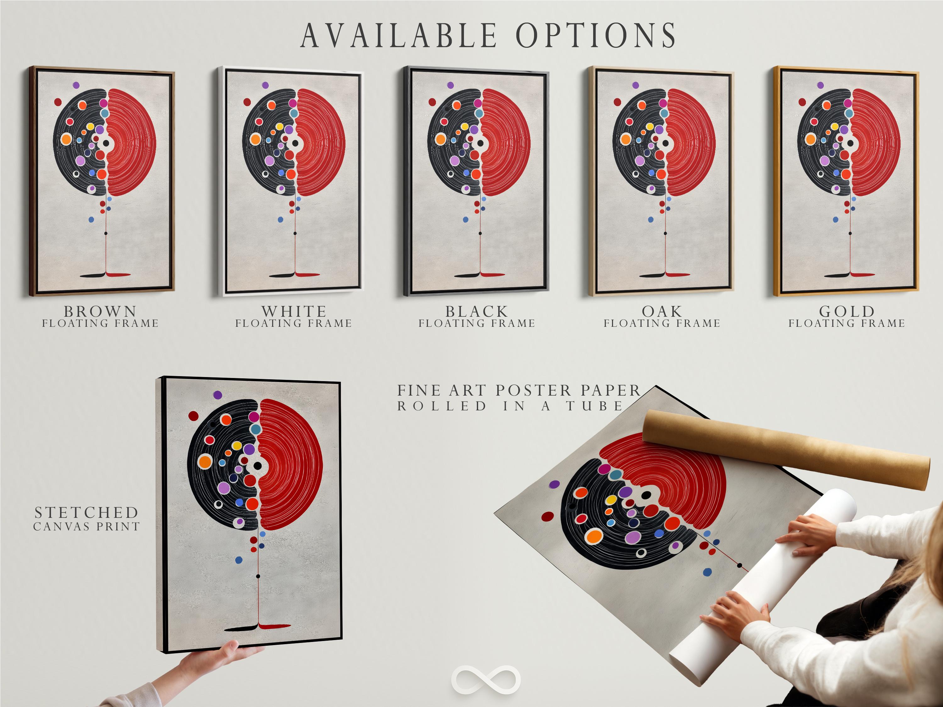 Abstract split circle design with red and black concentric arcs and colourful dot accents detail view