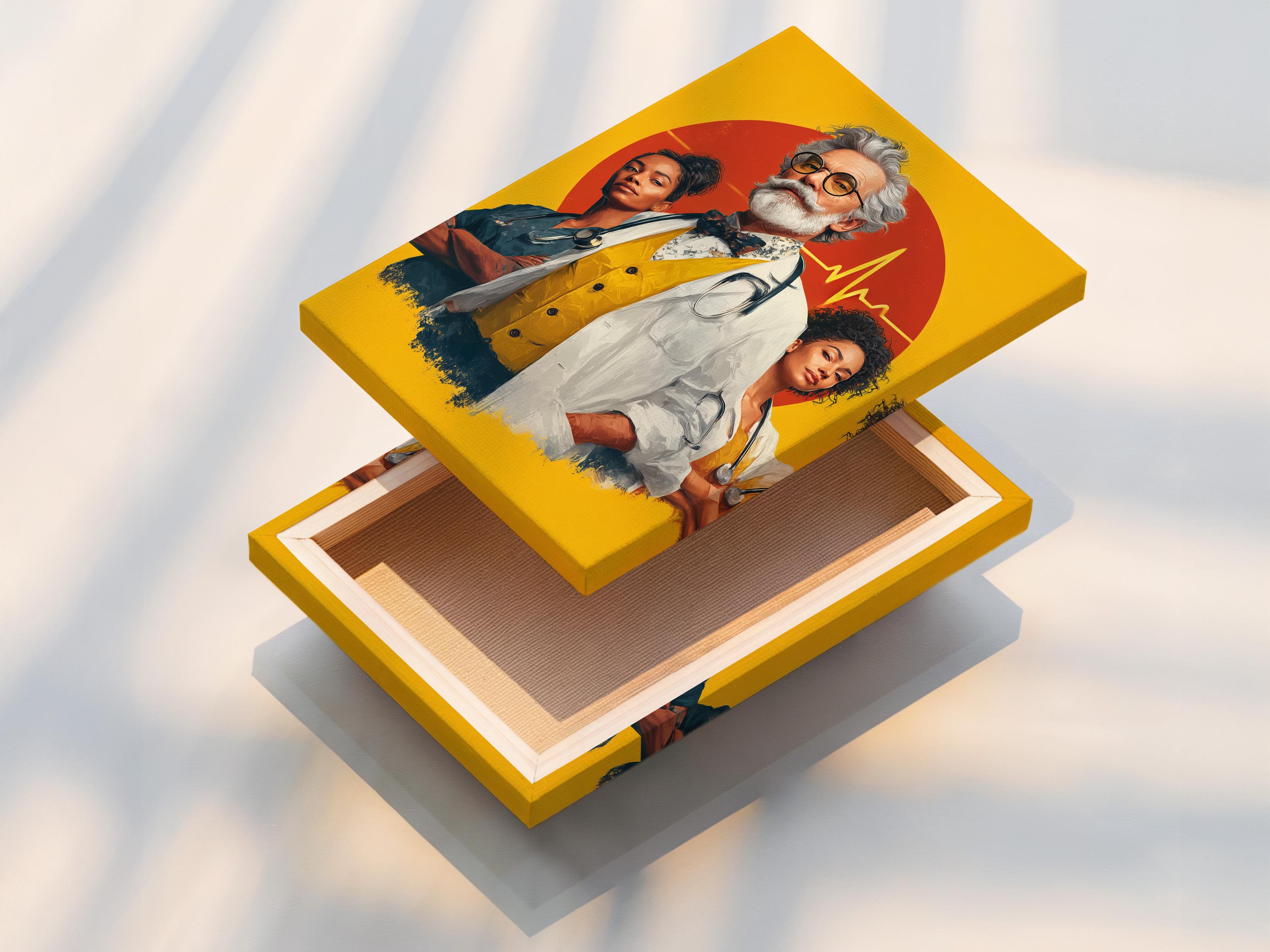 Stylised doctor and two nurses portrait on a mustard-yellow background with red circle and heart-rate line detail view