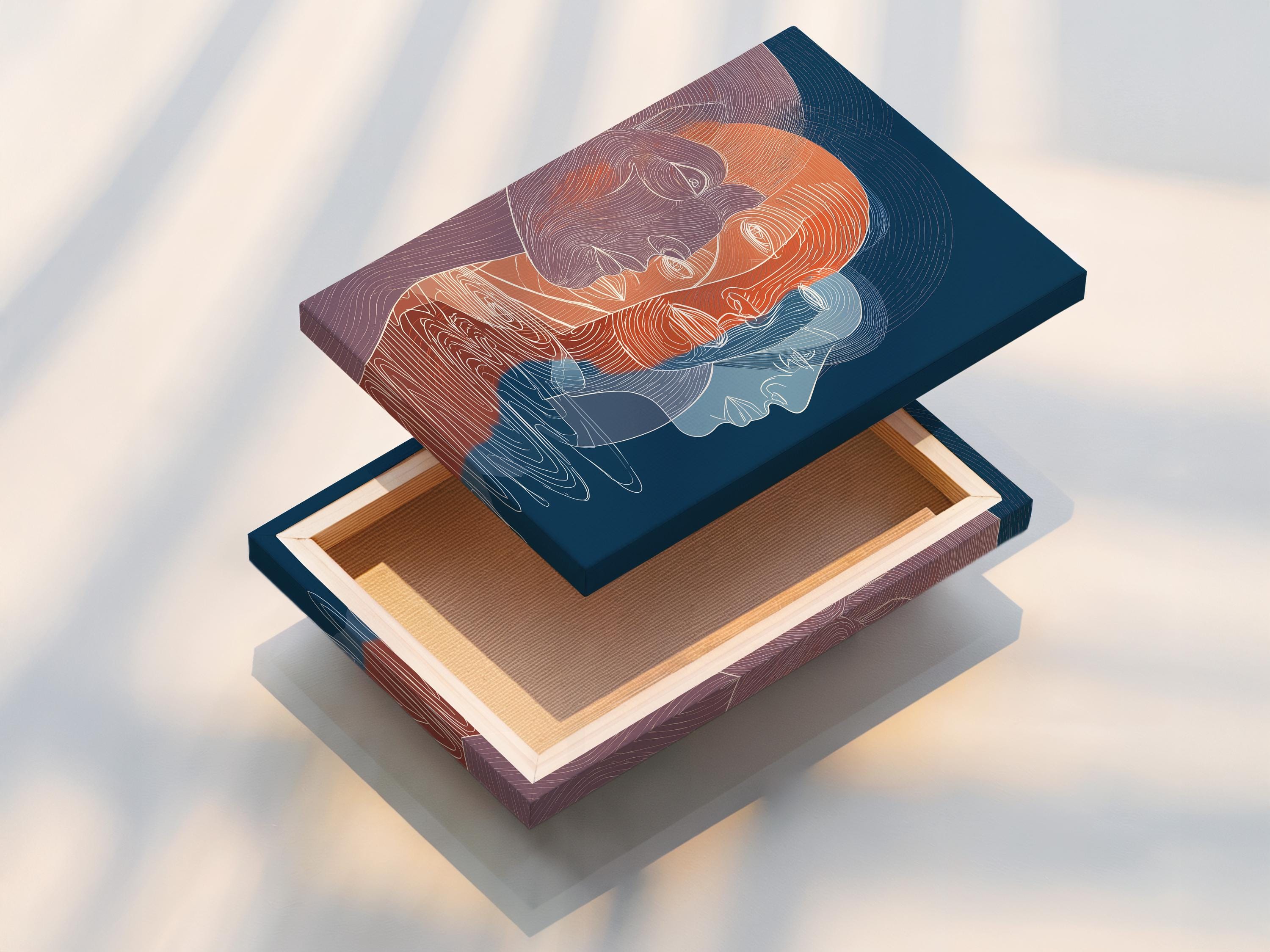 Room mockup showing an abstract faces wall artwork with indigo-blue and coral line profiles