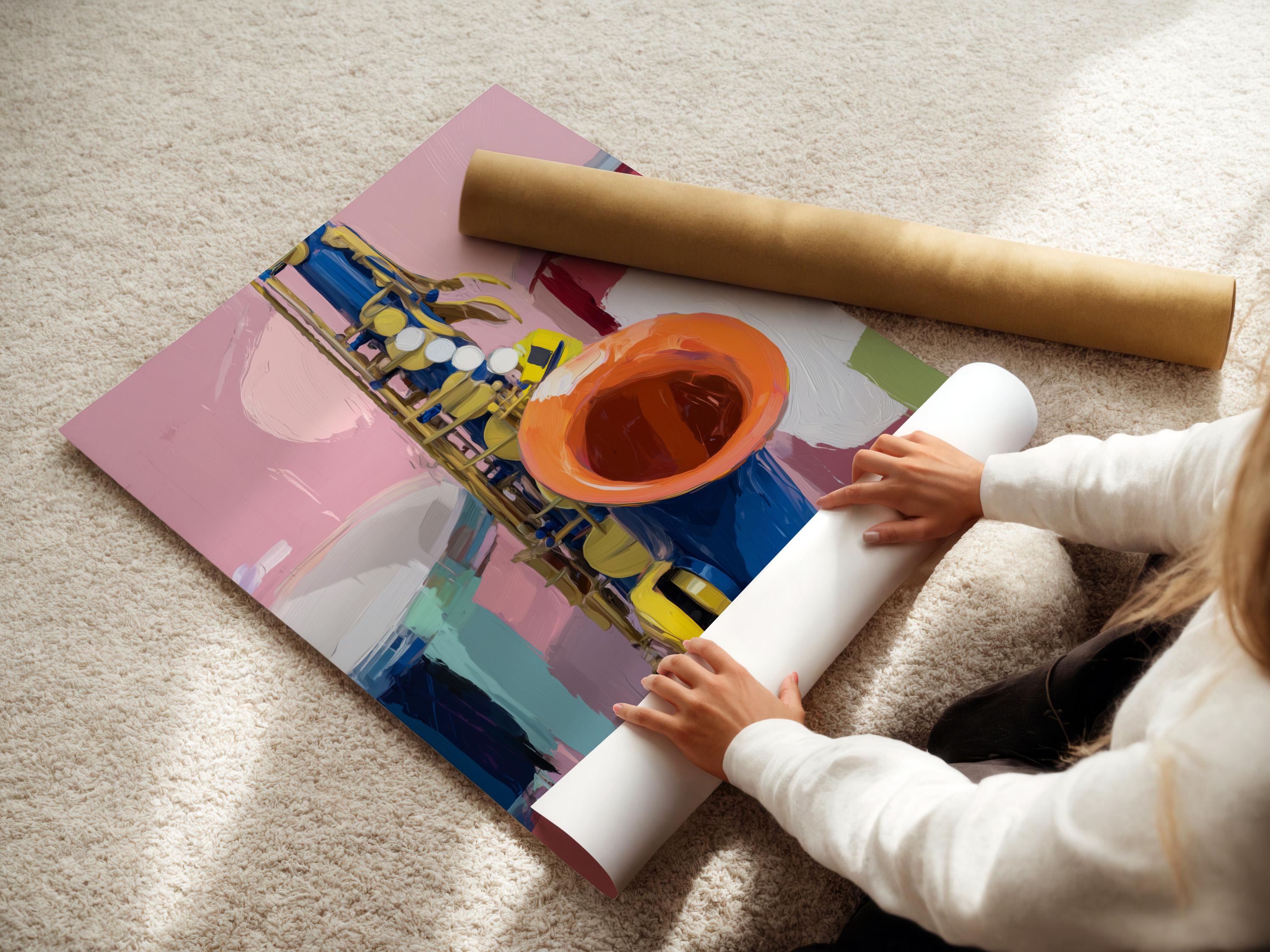 Square framed artwork mockup showing a colourful saxophone illustration on a wall