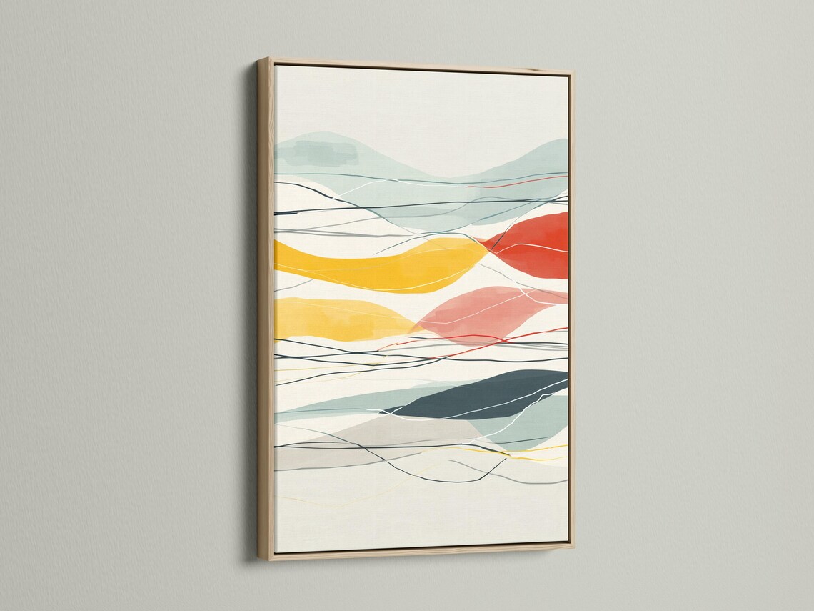 Mountain-inspired abstract geometric landscape in mint, cream, ochre and red with contour lines detail view