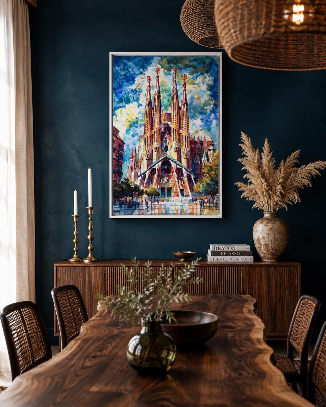 Room mockup showing a framed cathedral spires artwork on a blue wall above a desk