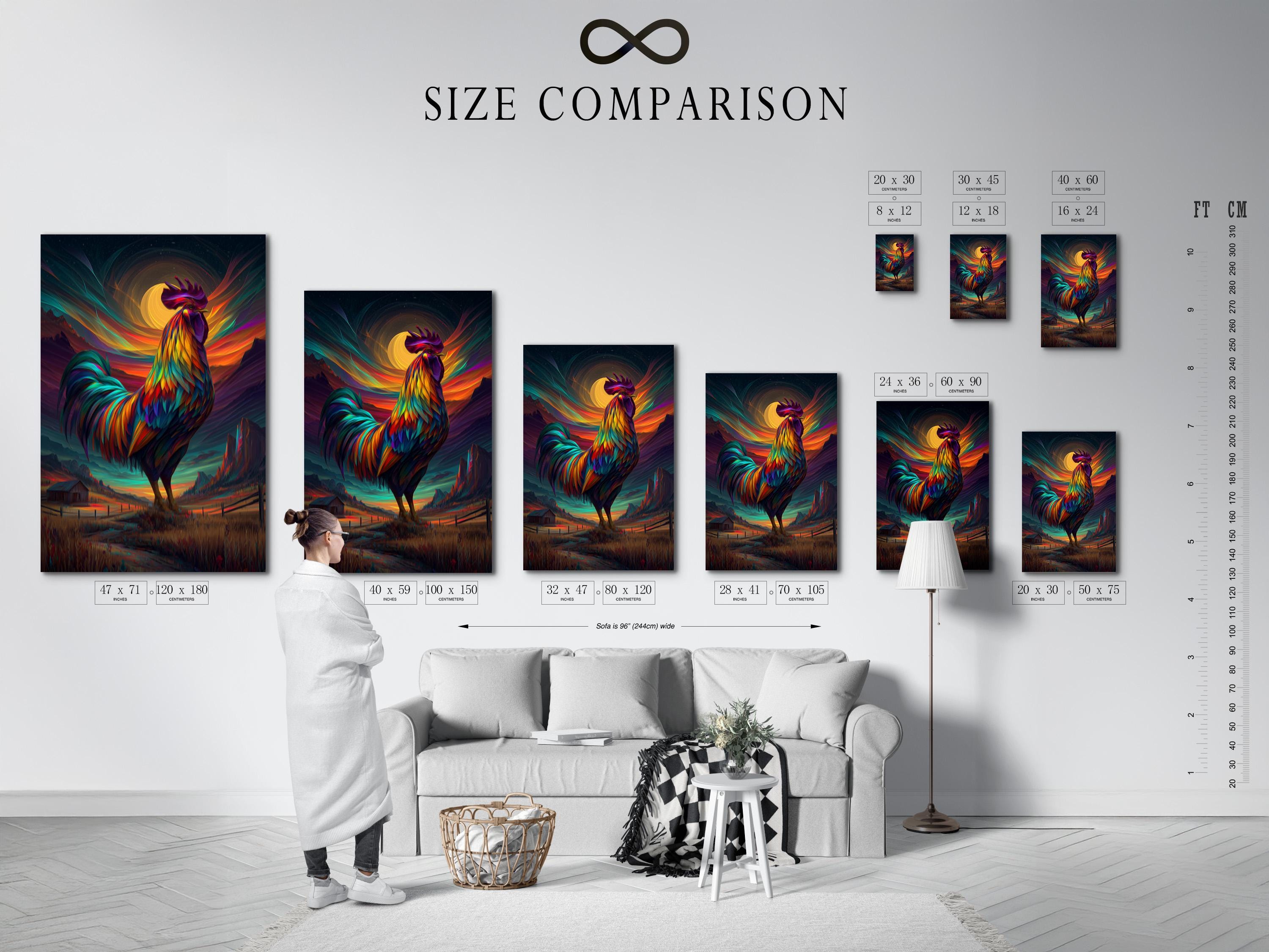 Stylised rainbow-feather rooster standing in front of a glowing sunset landscape detail view