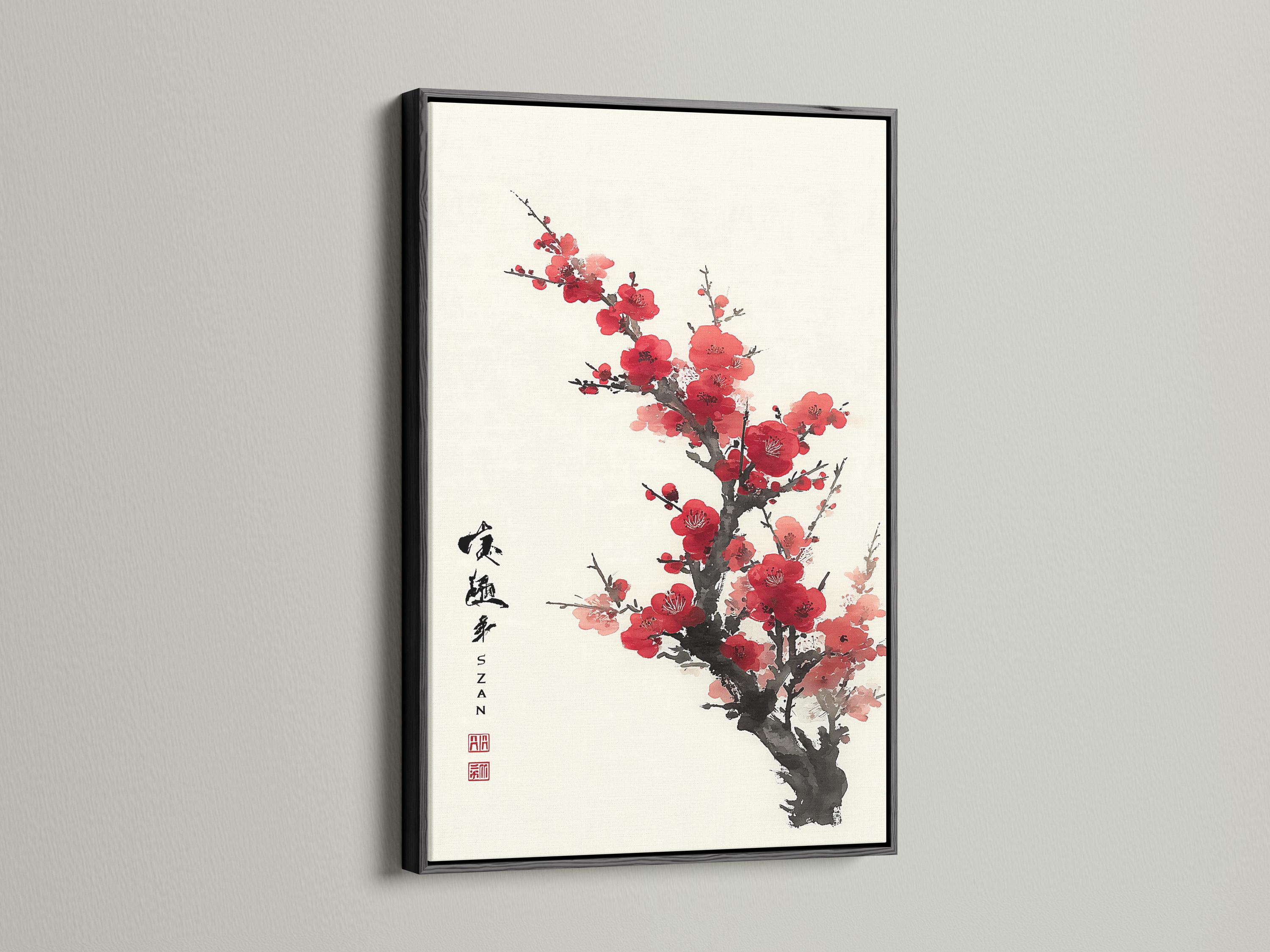 Red and pink plum blossoms on a black ink tree branch with vertical calligraphy and a red seal detail view