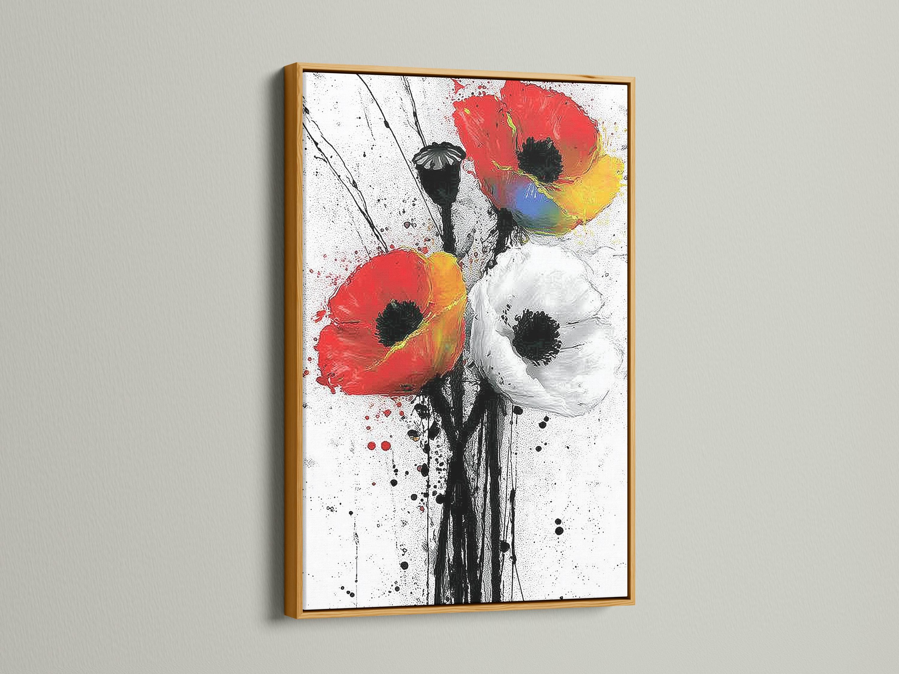 Stylised red poppy flower with black stems on a white speckled background detail view