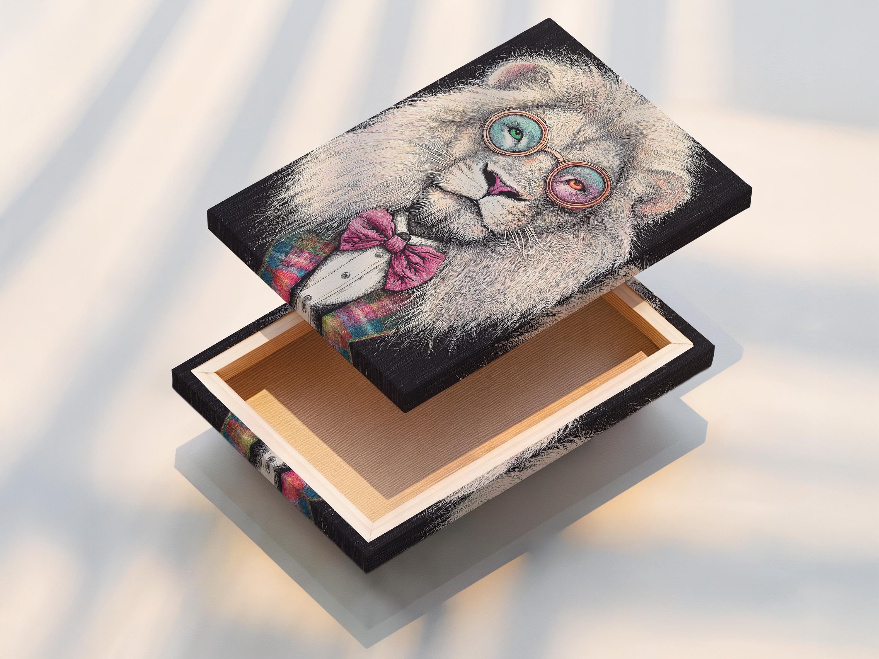 Stylised lion portrait with round glasses and a pink bow tie detail view