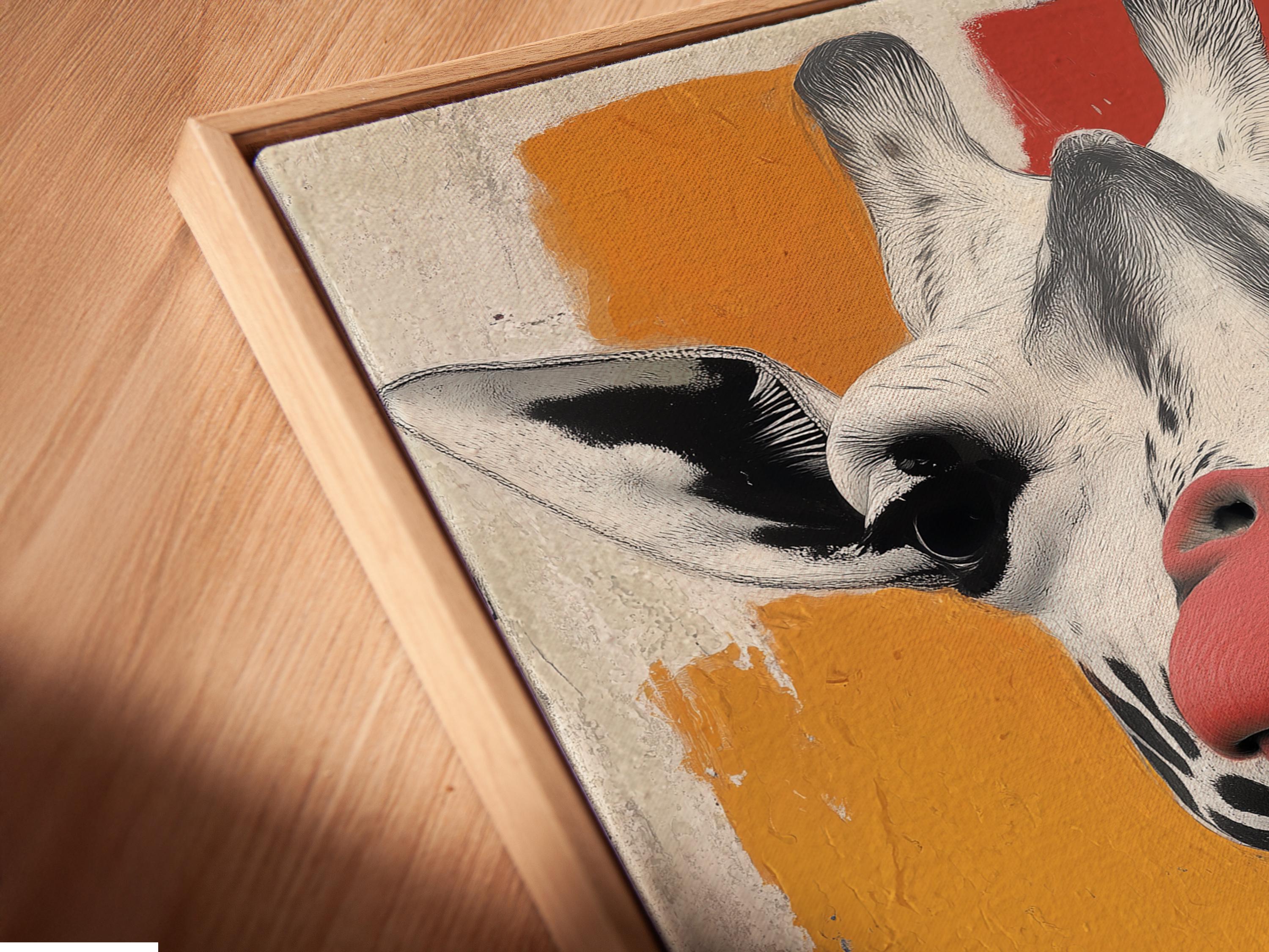 Stylised giraffe portrait with a red nose and black-and-white spots on a textured off-white background detail view