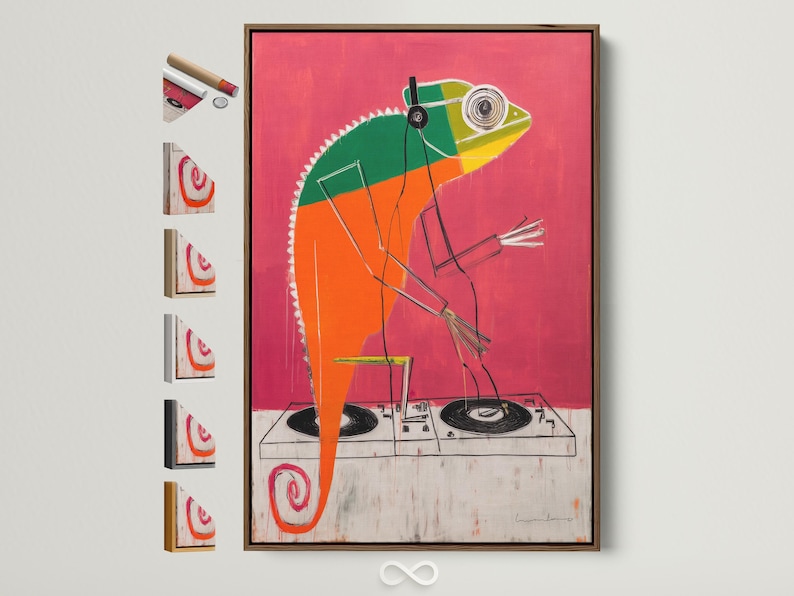 Coral pink pop-art animal wearing headphones over a DJ mixing deck with turntables