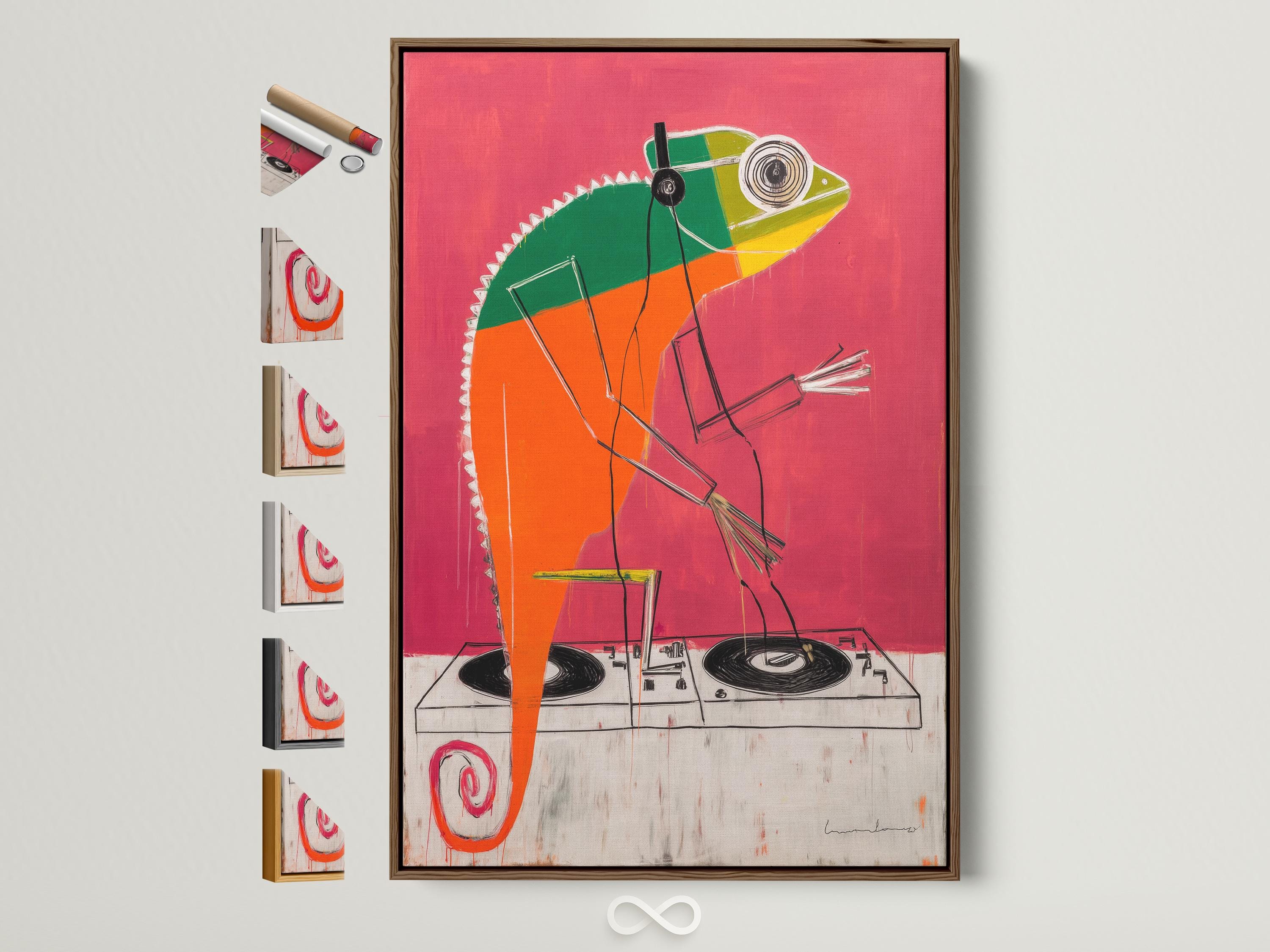 Coral pink pop-art animal wearing headphones over a DJ mixing deck with turntables