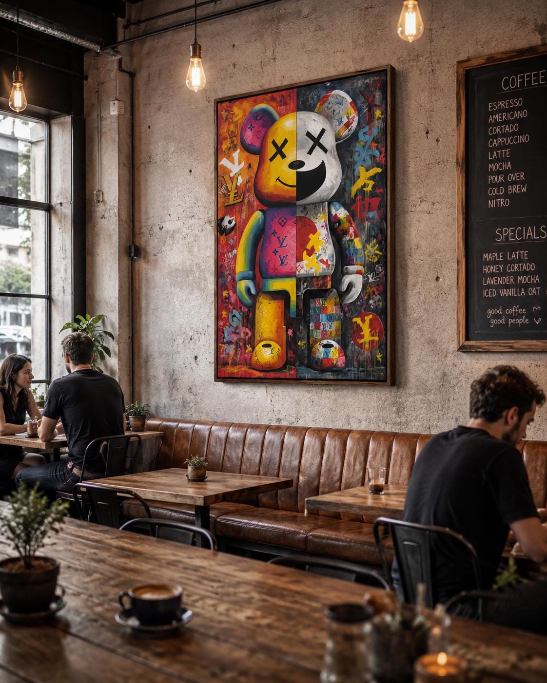A bright pop-art style bear figure is shown amid graffiti-like colours and stickers, framed by bold black outlines and layered poster textures detail