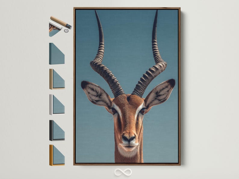 Antelope portrait illustration with long curved horns on a teal background