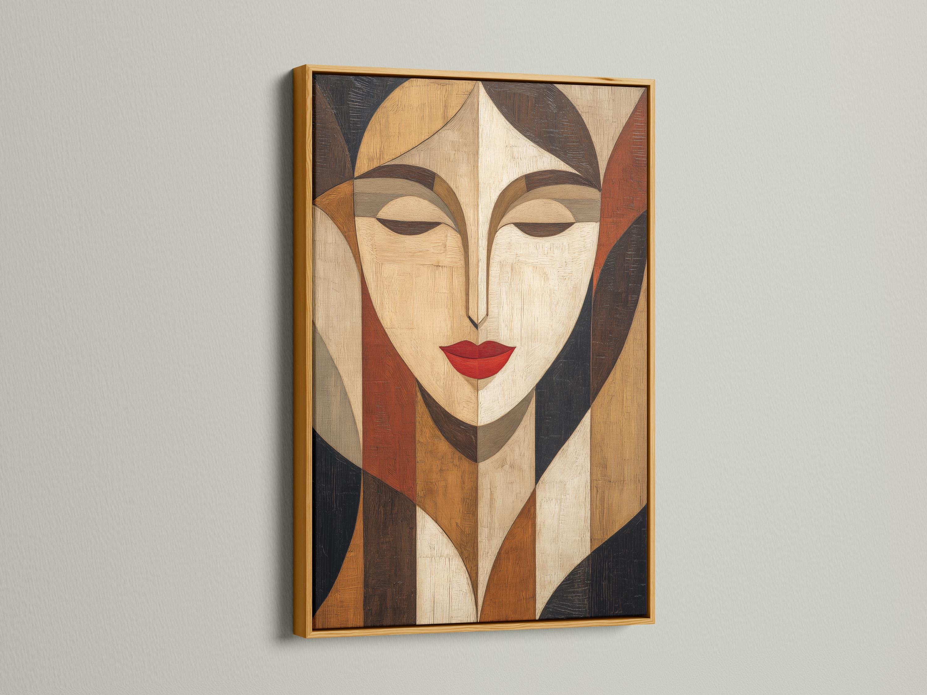 Room mockup showing abstract geometric woman portrait artwork