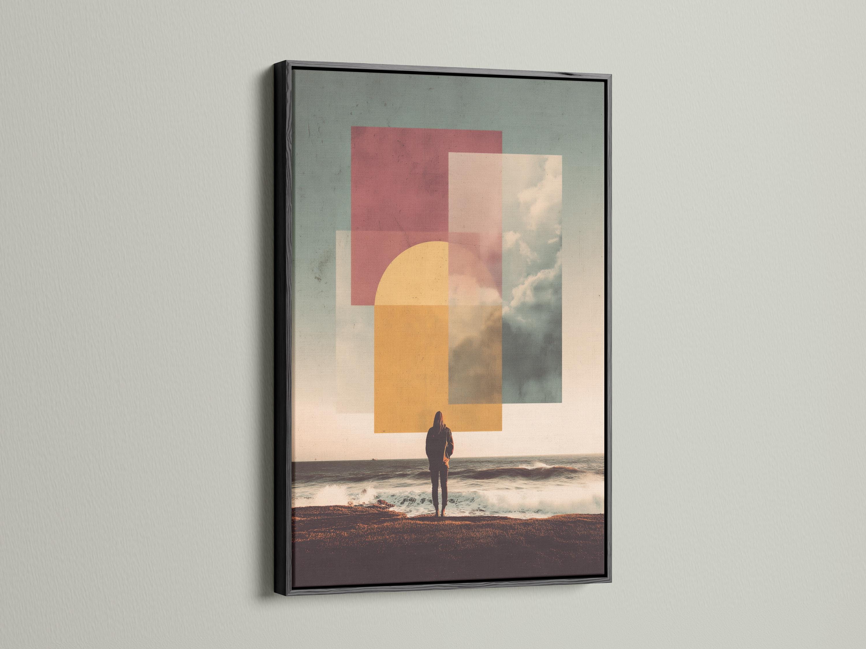 Geometric ocean sunset seascape with a silhouetted figure on a sandy shore detail view