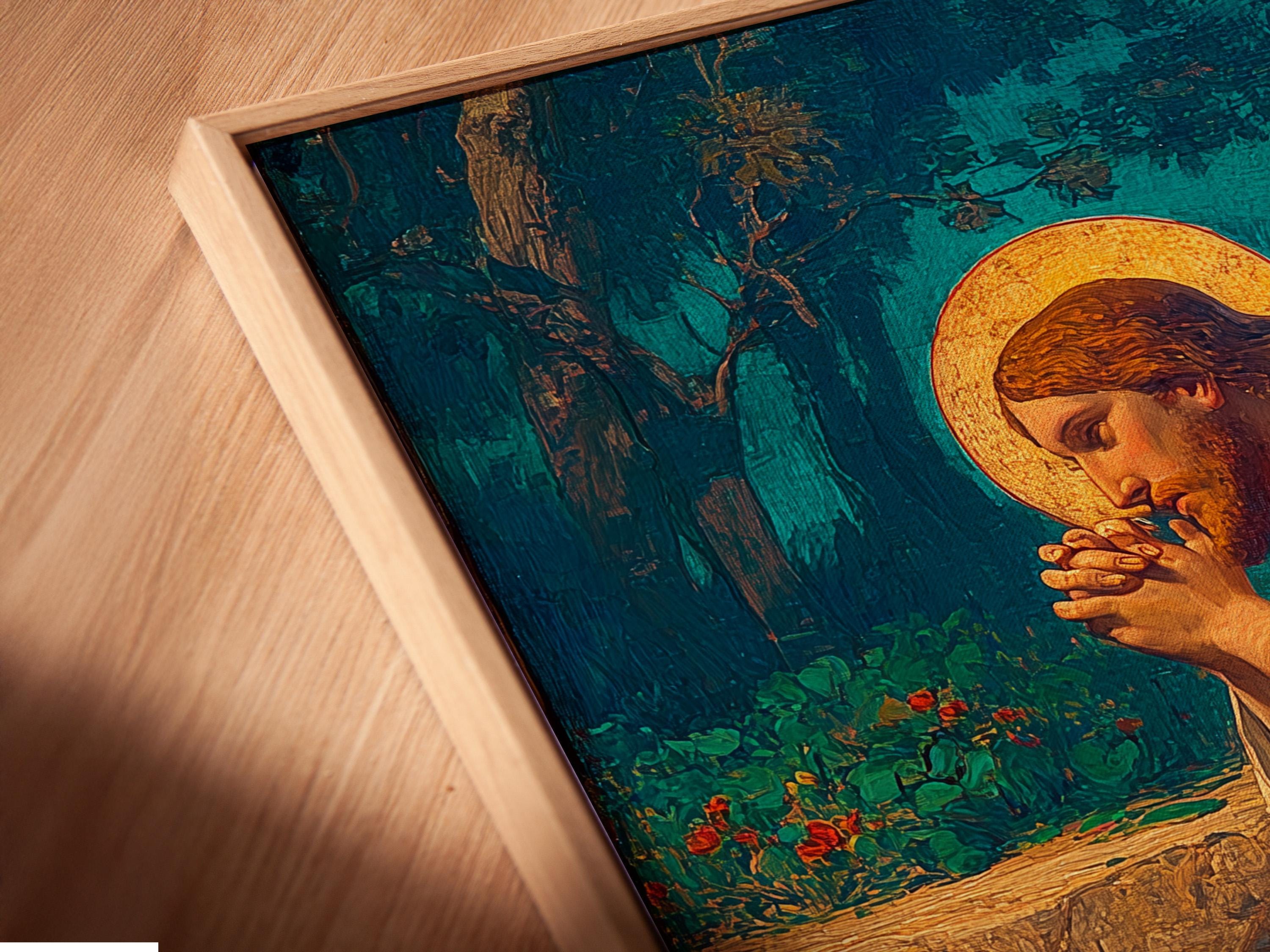 Praying religious portrait with a glowing golden halo against a deep blue-green landscape detail view
