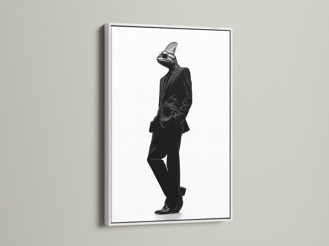 A monochrome chameleon head and suited figure walk in profile against a bright white background, rendered in high-contrast ink-like detail detail view