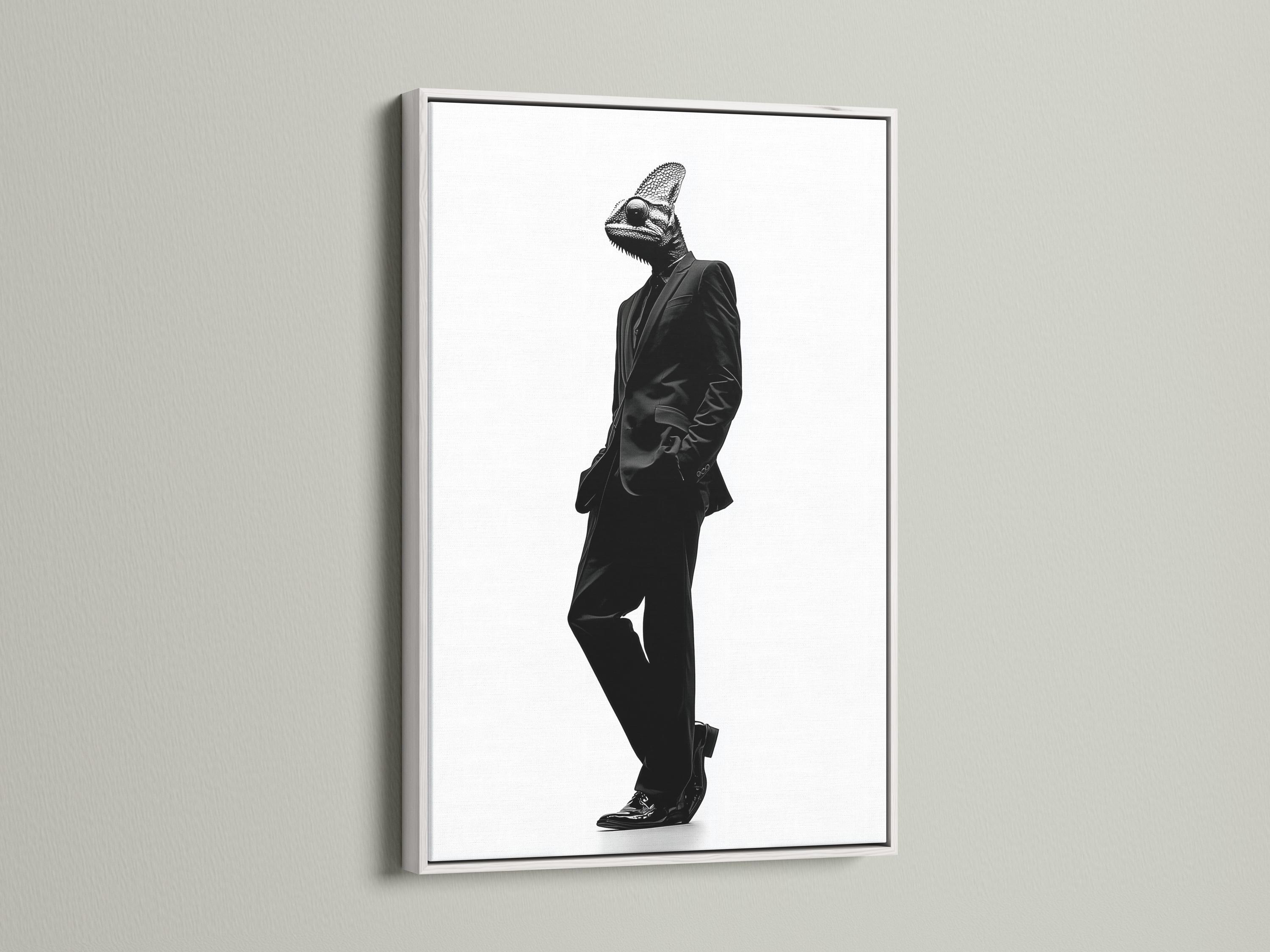 A monochrome chameleon head and suited figure walk in profile against a bright white background, rendered in high-contrast ink-like detail detail view
