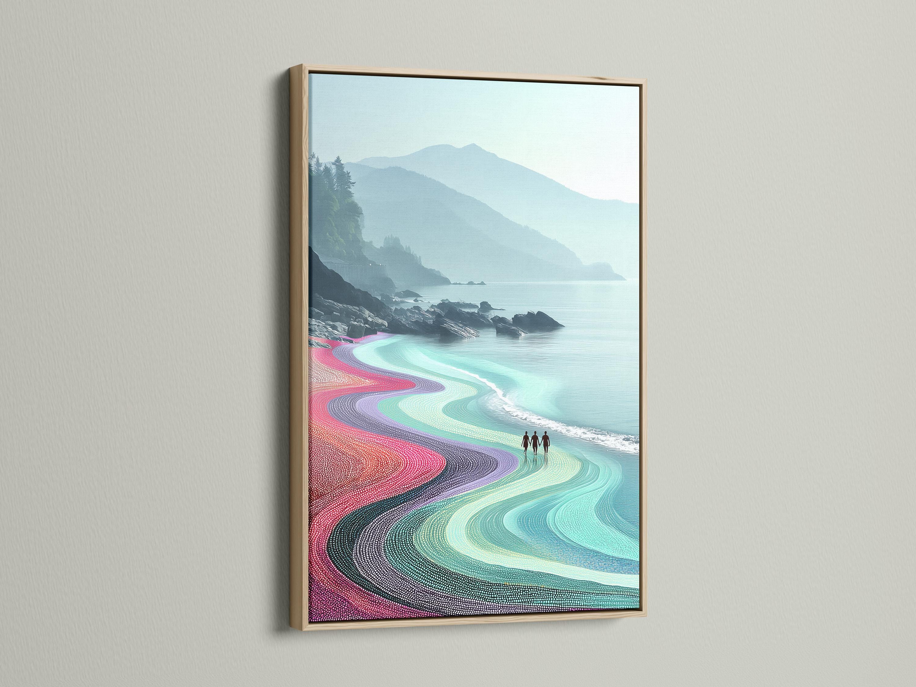 Colourful coastal seascape with turquoise ocean, winding dotted beach and misty hills detail view