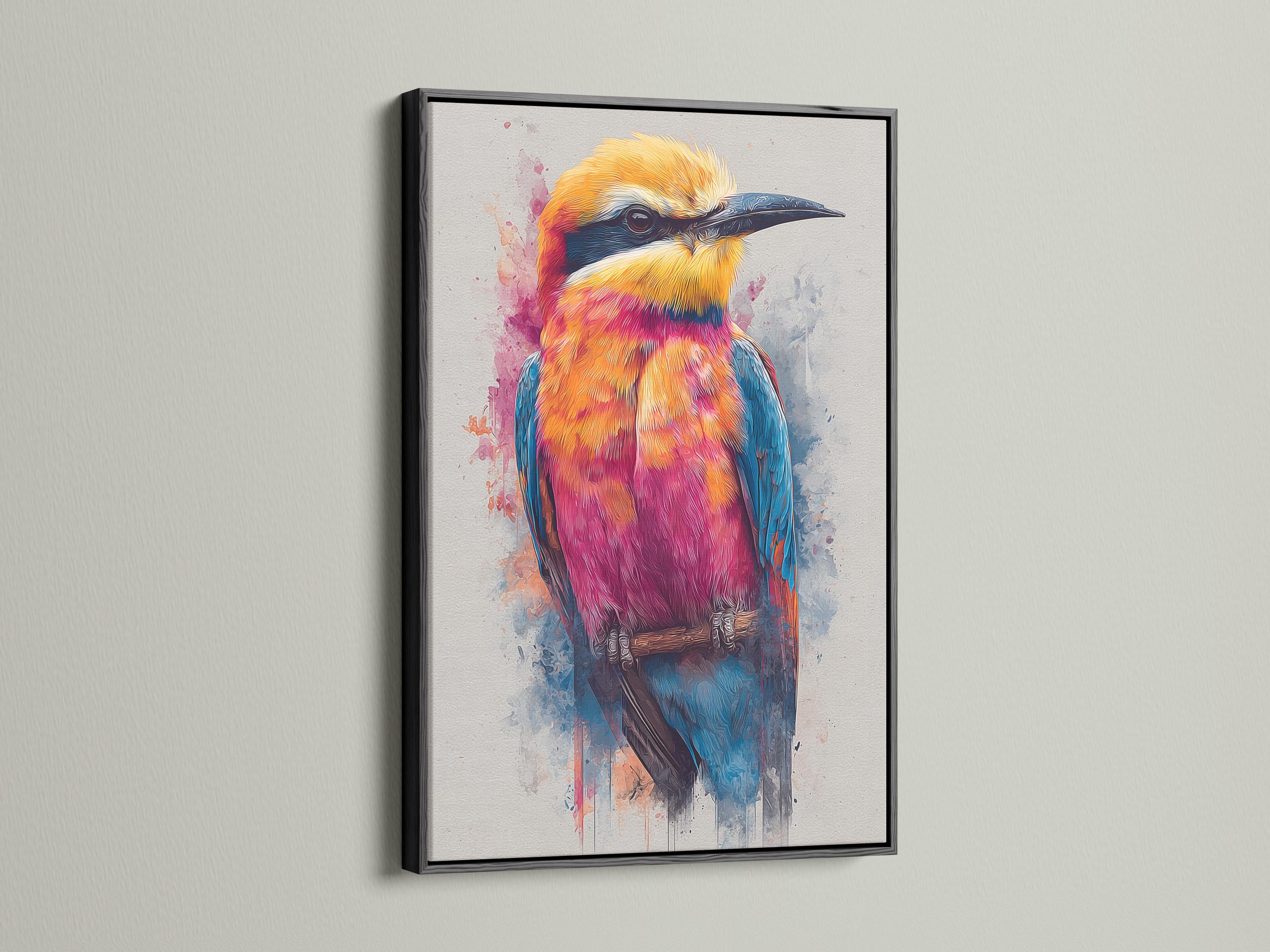 Colourful stylised bird in orange, pink and turquoise with splatter washes on a light background detail view