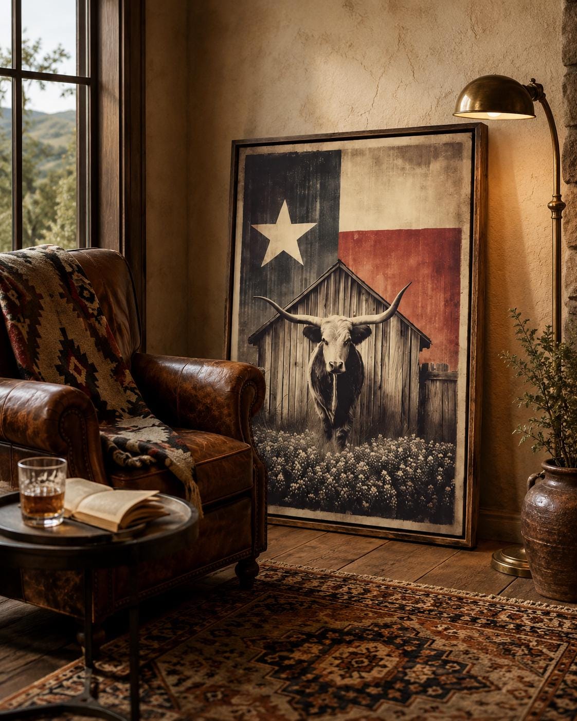 Longhorn steer illustration beneath a barn silhouette and a five-point star on a distressed sepia and charcoal background detail view