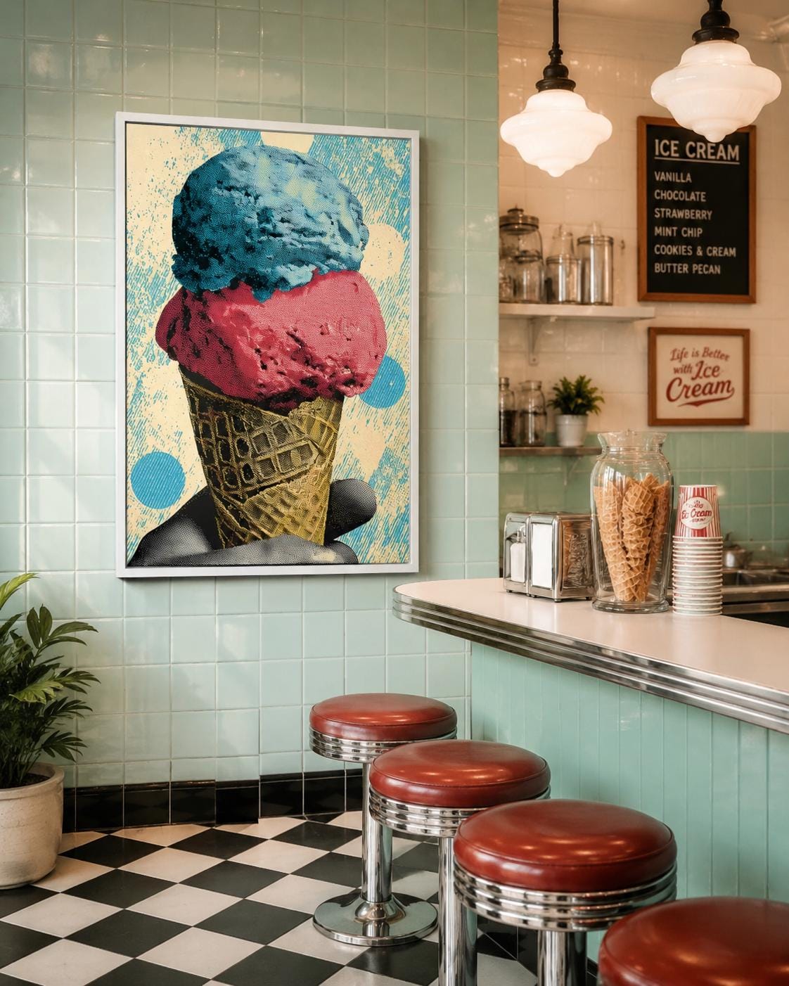 Pop-art ice cream cone illustration with turquoise and coral scoops and a patterned cone detail view