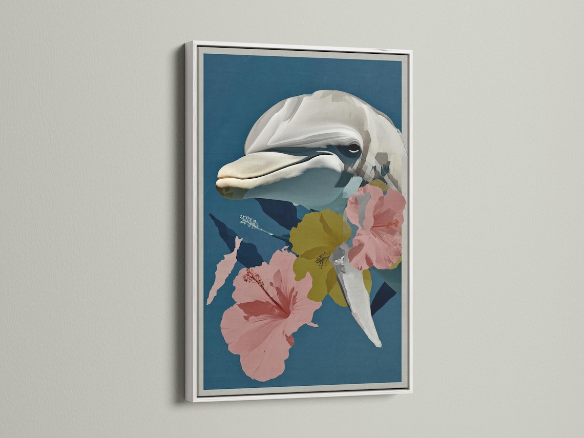 Dolphin in profile surrounded by large pink hibiscus flowers on a teal-blue background detail view