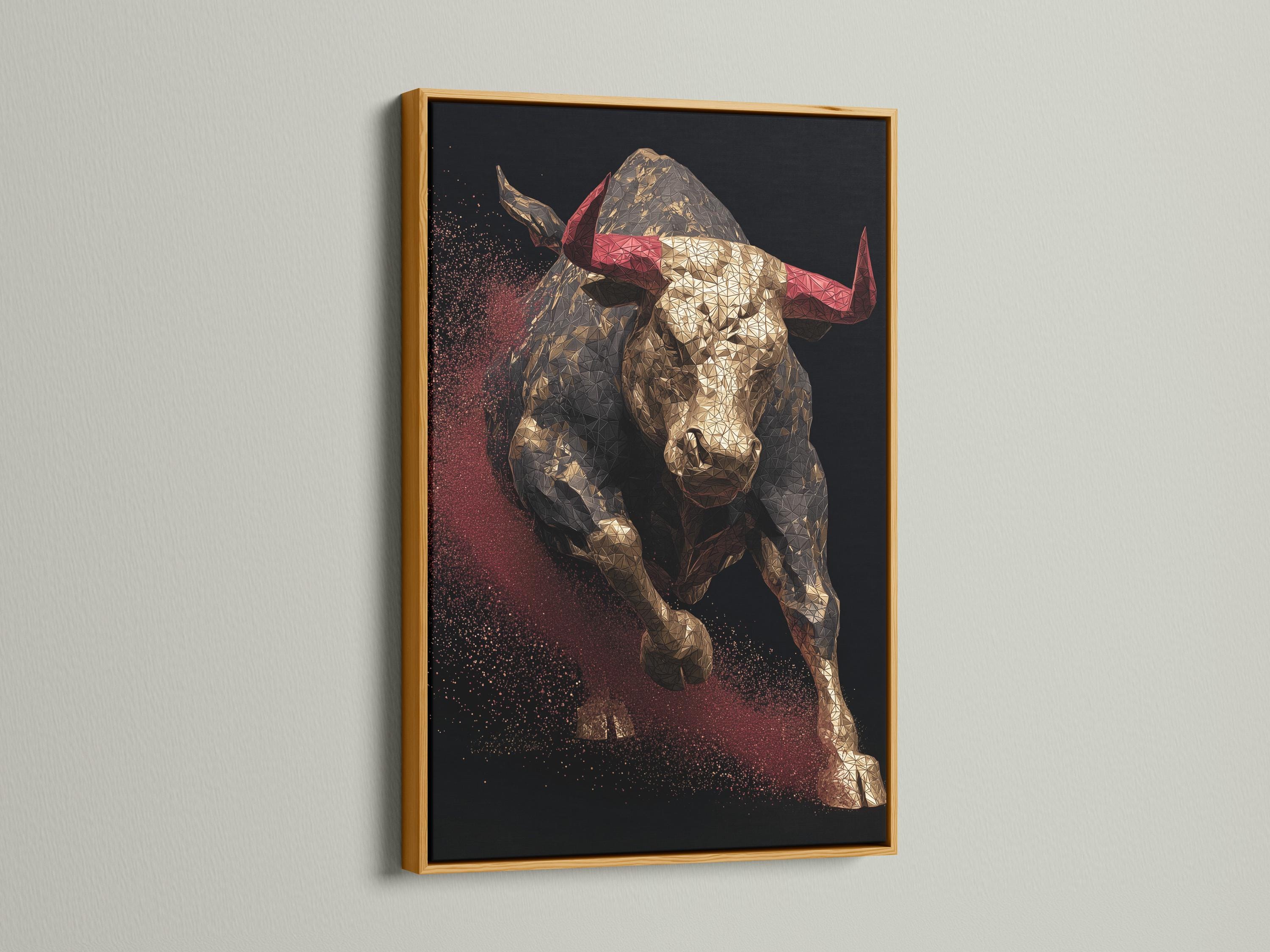 Geometric bull artwork with metallic gold facets and deep red speckles on a dark background detail view