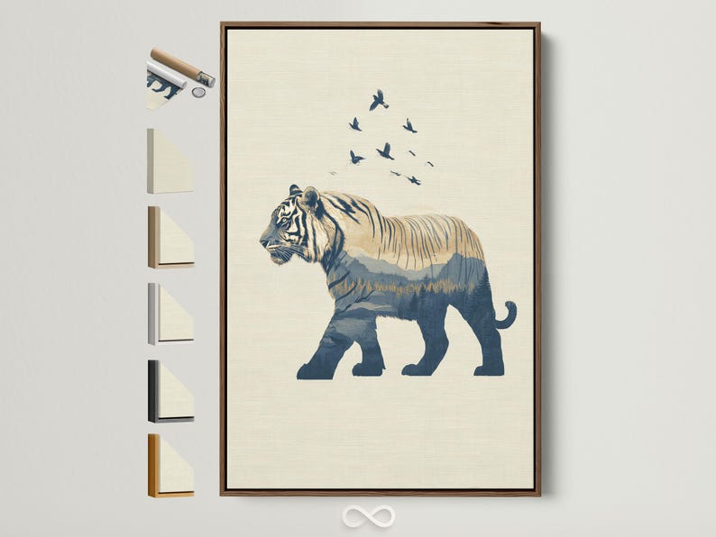Minimalist tiger silhouette in navy with birds in flight above and layered mountains below