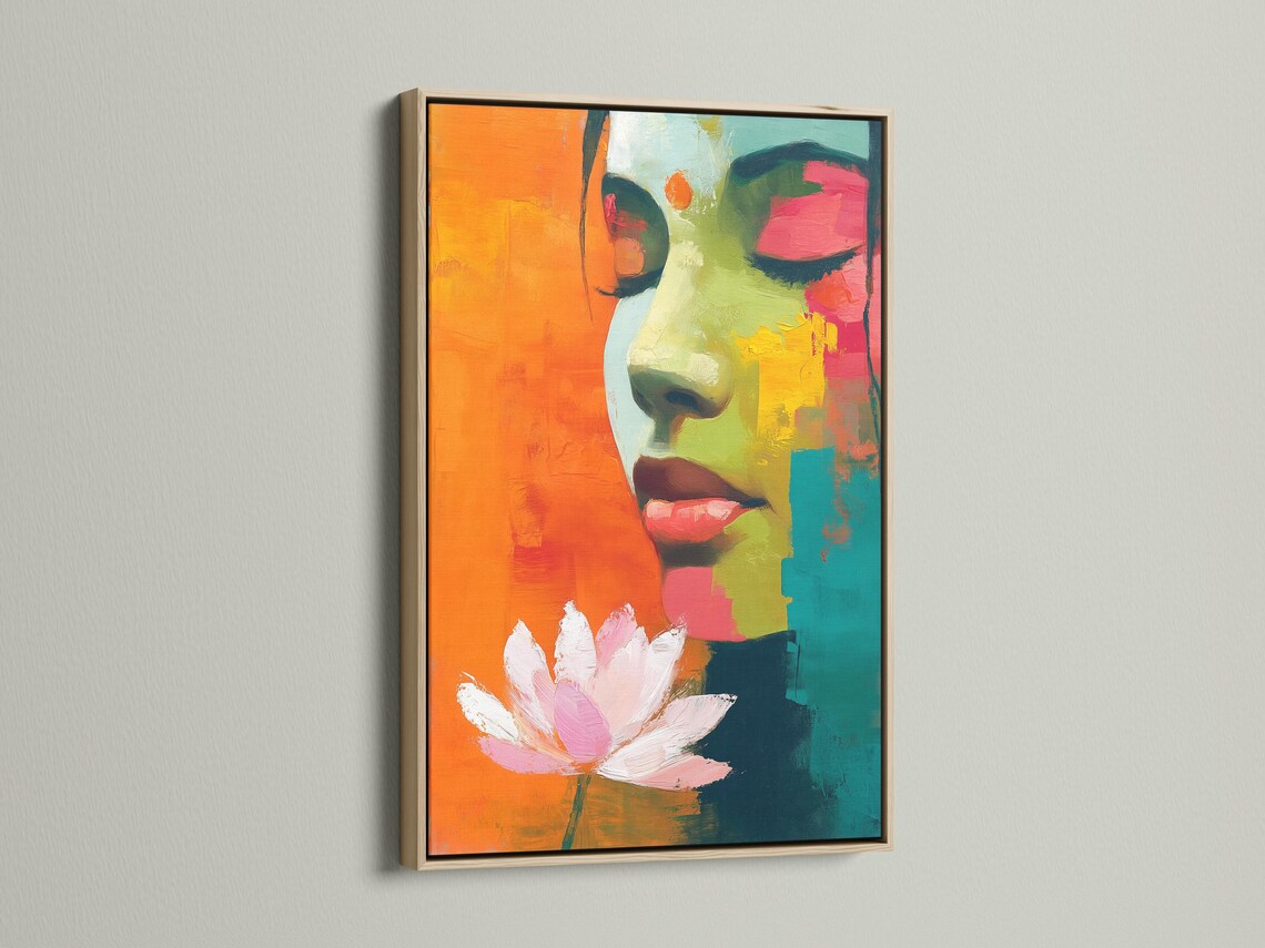 Abstract framed portrait of a woman profile with a lotus flower, shown in a room mockup with multiple frame options