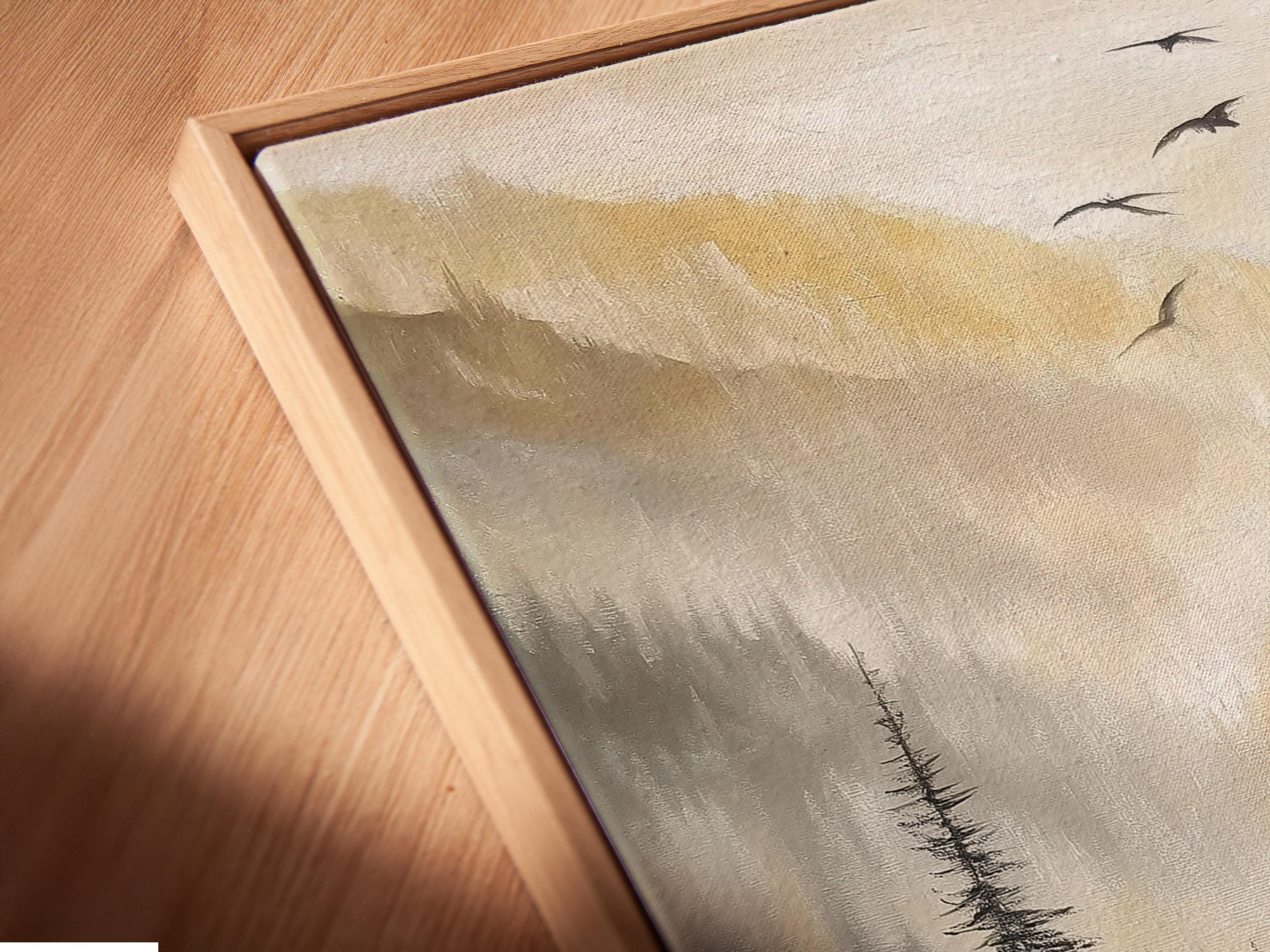 Misty mountain landscape artwork with pine tree silhouettes and birds in the sky detail view