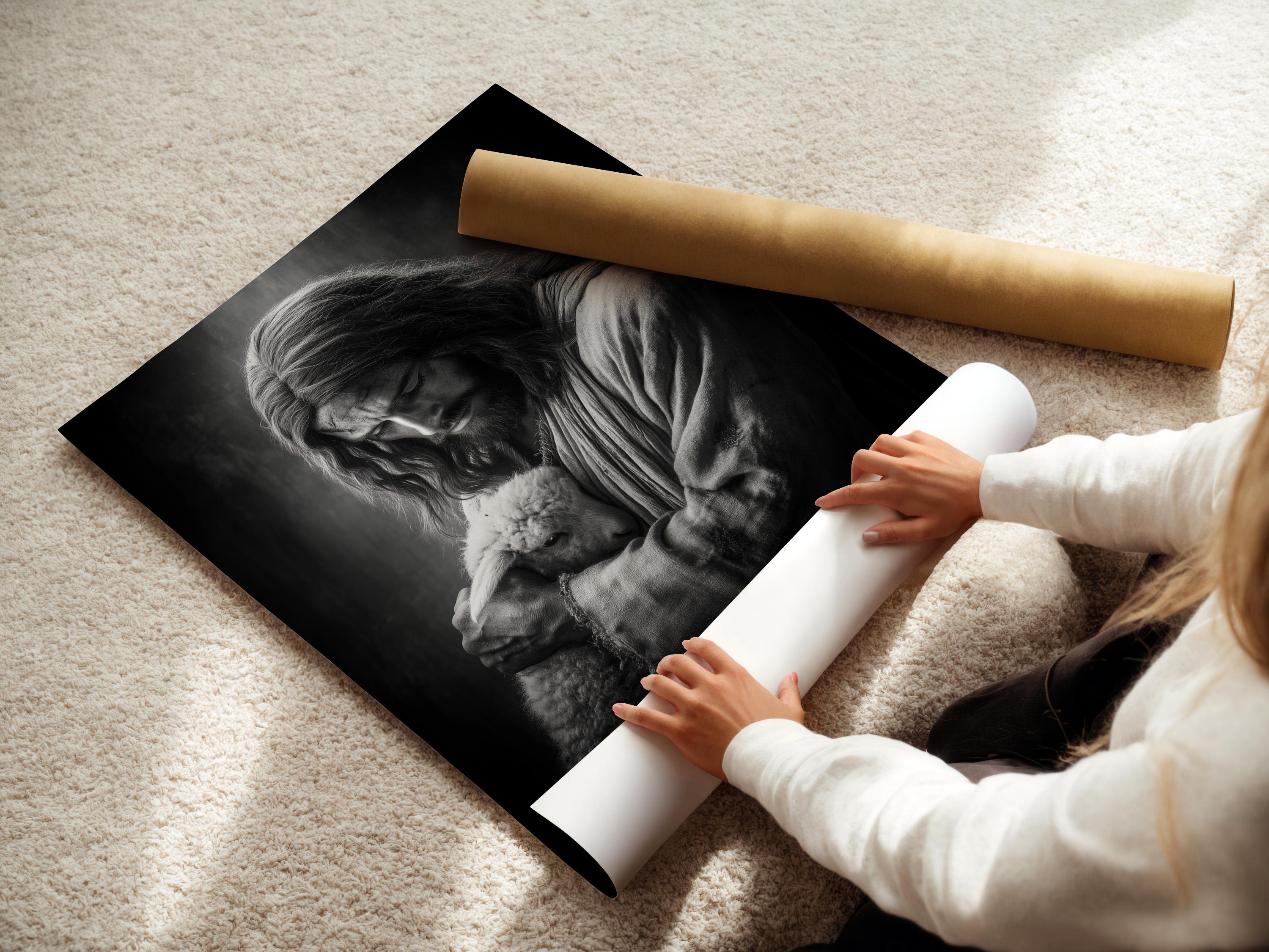 Framed black and white artwork of a shepherd holding a lamb shown on a wall mockup