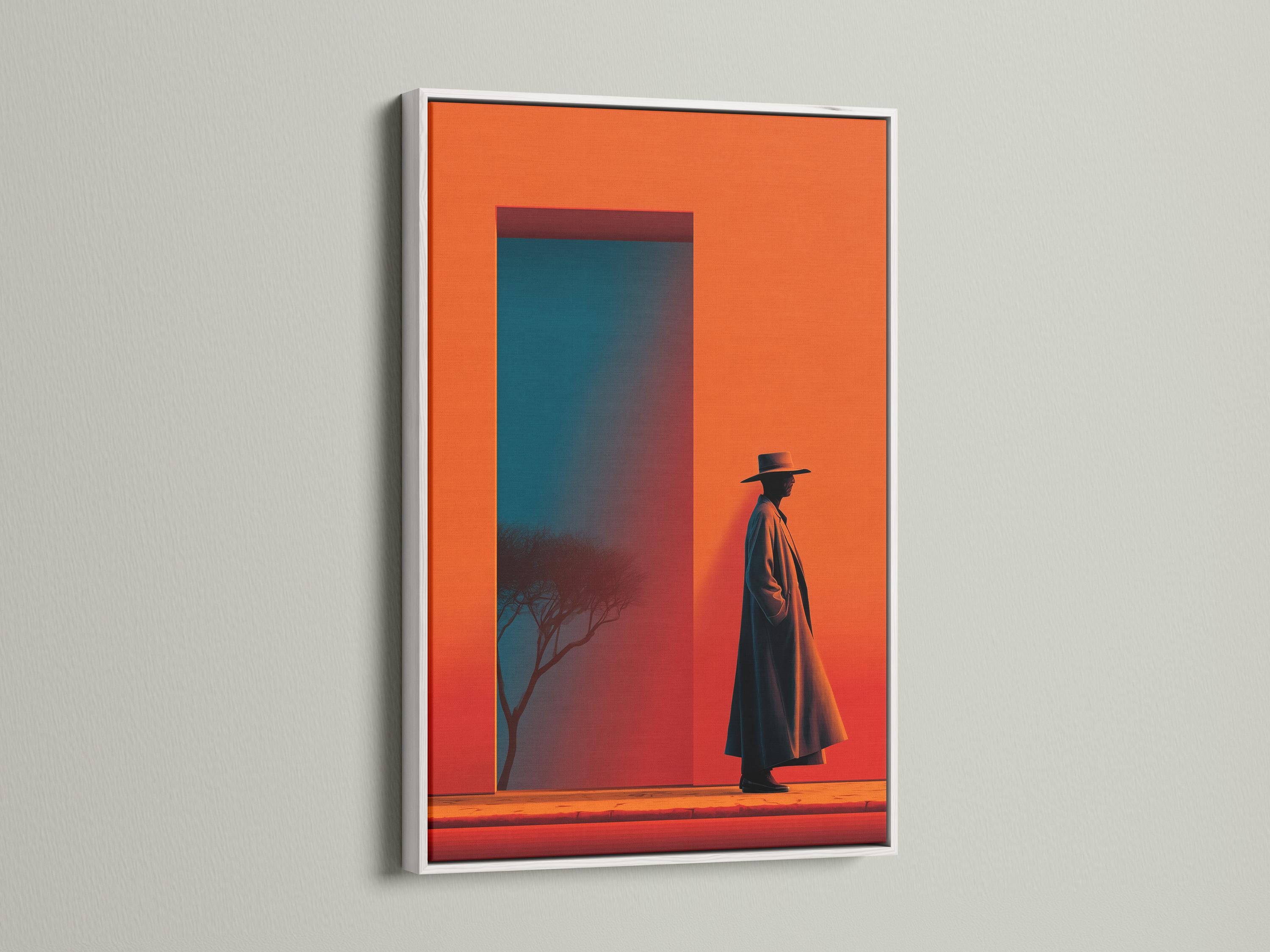 A western cowboy silhouette in a dark hat and long coat stands against a vivid orange sky, with a blue interior panel and desert-like ground below