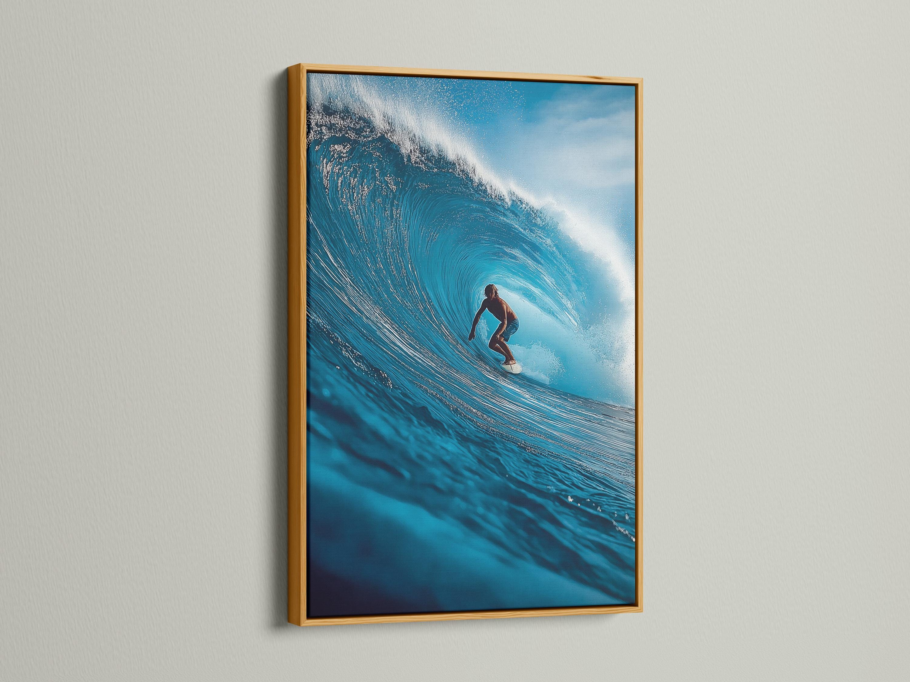 A blue ocean wave artwork shows a surfer riding through white foam, with bright sky-toned highlights and swirling water texture detail view