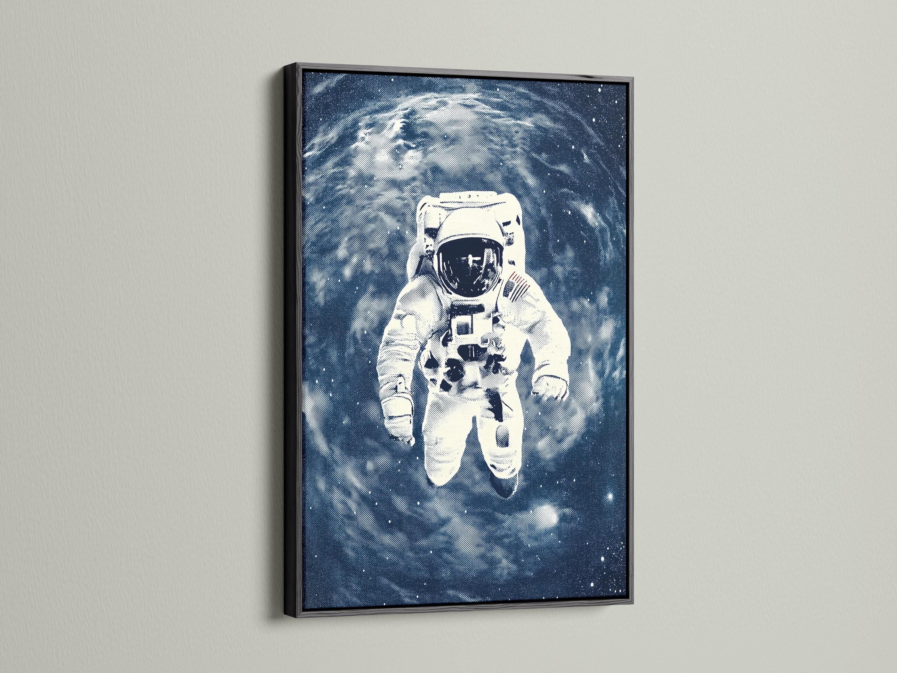 Stylised astronaut running through a deep indigo galaxy with a bright planet arc and stars detail view