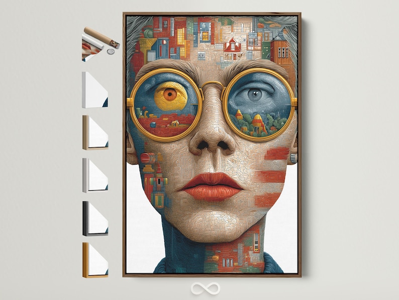 Surreal woman face artwork made from cityscape building details and oversized gold and blue eyes